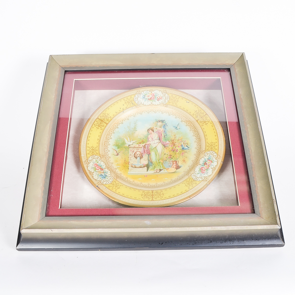 Antique Hand-Painted Porcelain Plate in a Display Frame