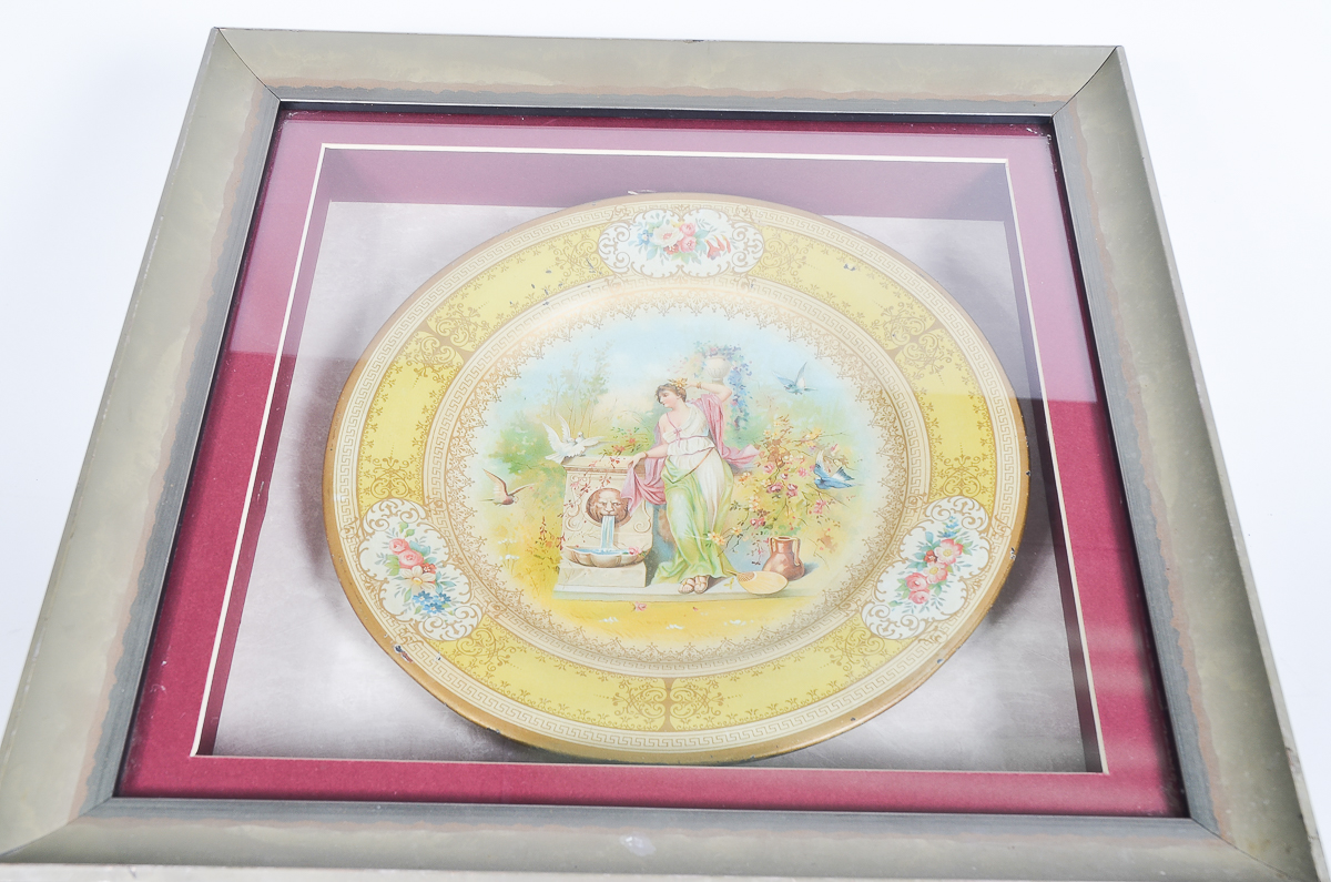 Antique Hand-Painted Porcelain Plate in a Display Frame