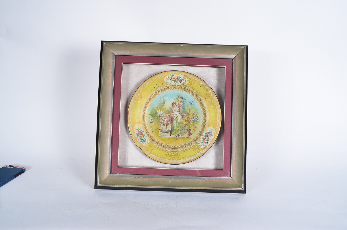 Antique Hand-Painted Porcelain Plate in a Display Frame