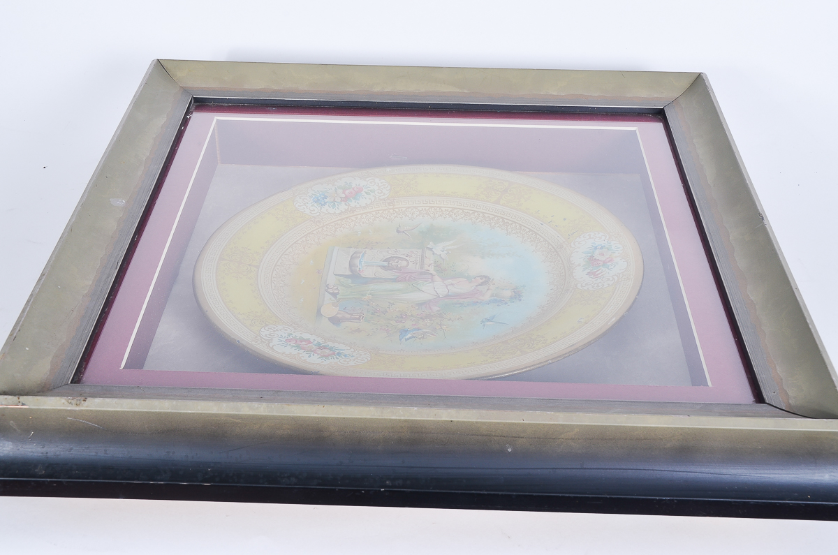Antique Hand-Painted Porcelain Plate in a Display Frame