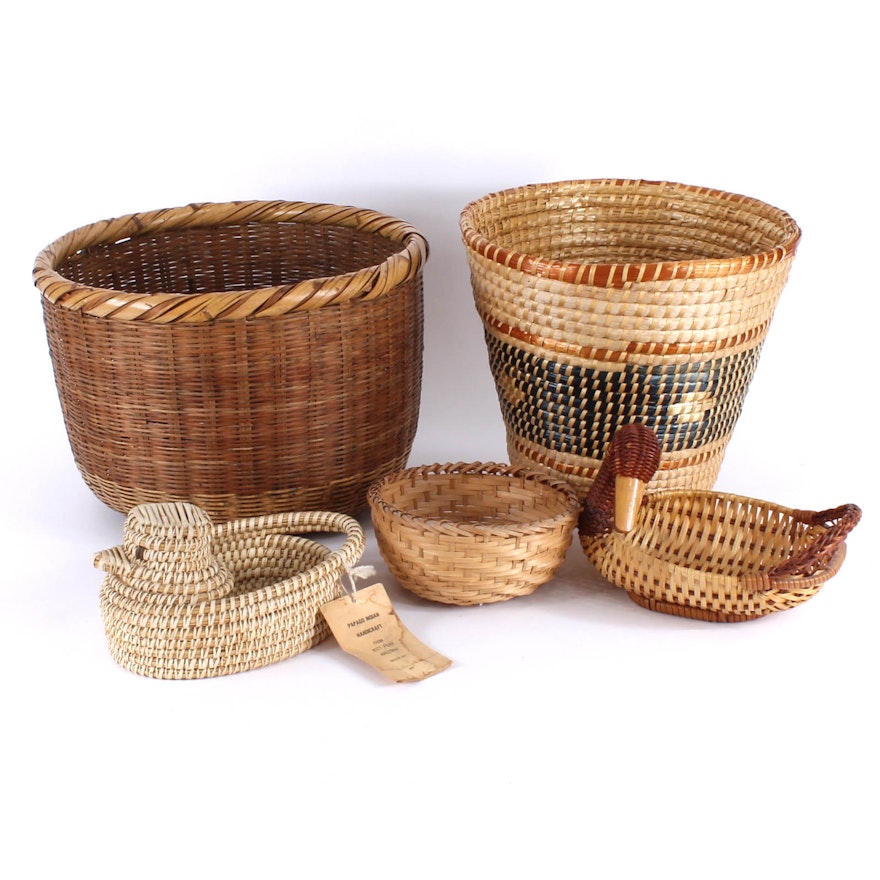 Assortment of Woven Baskets Including Papago Indian Handicraft