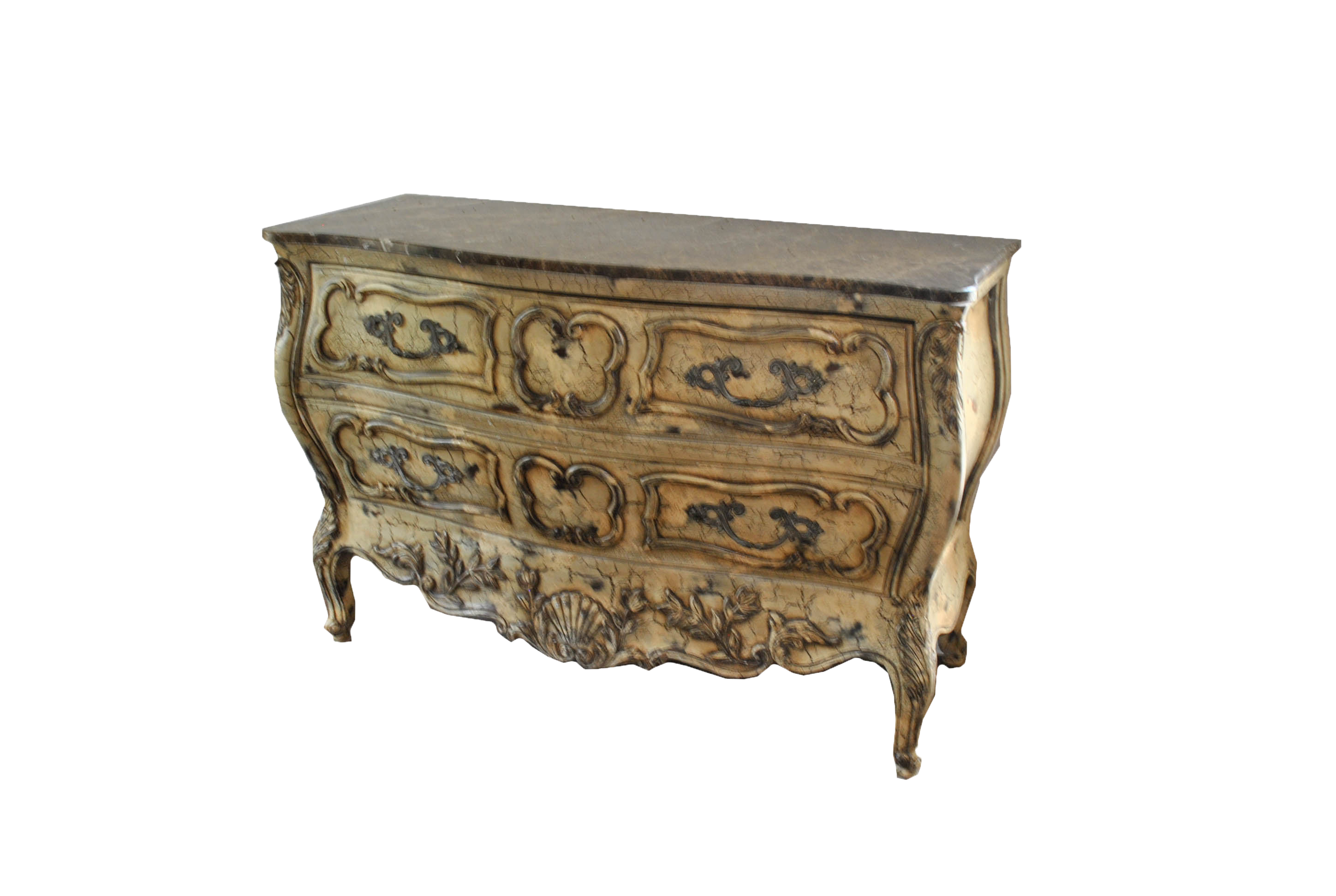 Rococo Style Bombé Commode With Brown Variegated Granite Top