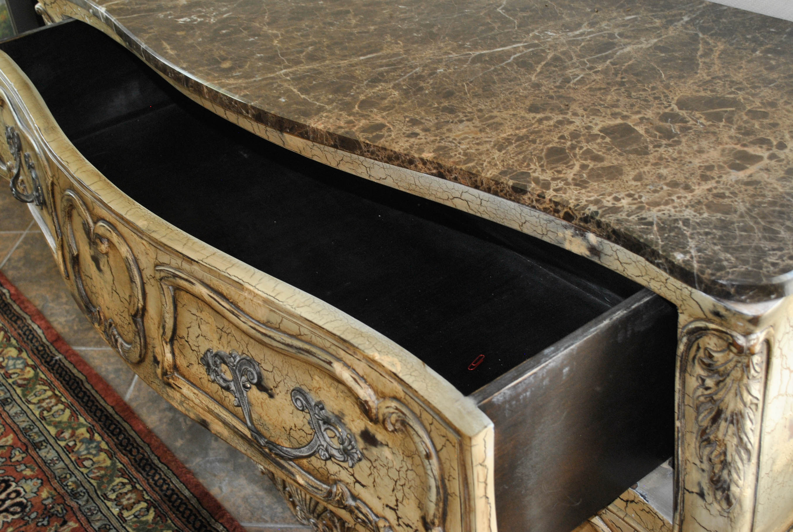 Rococo Style Bombé Commode With Brown Variegated Granite Top