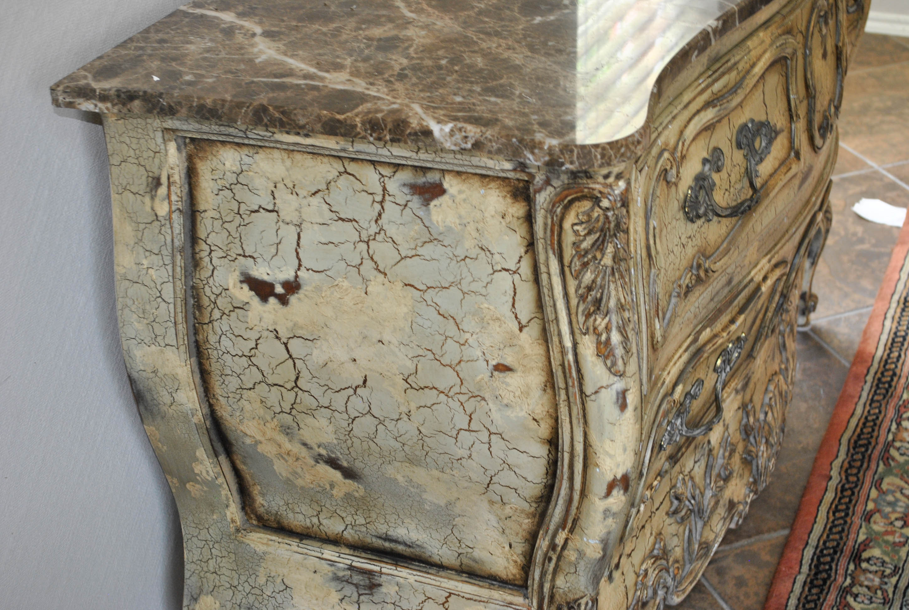Rococo Style Bombé Commode With Brown Variegated Granite Top