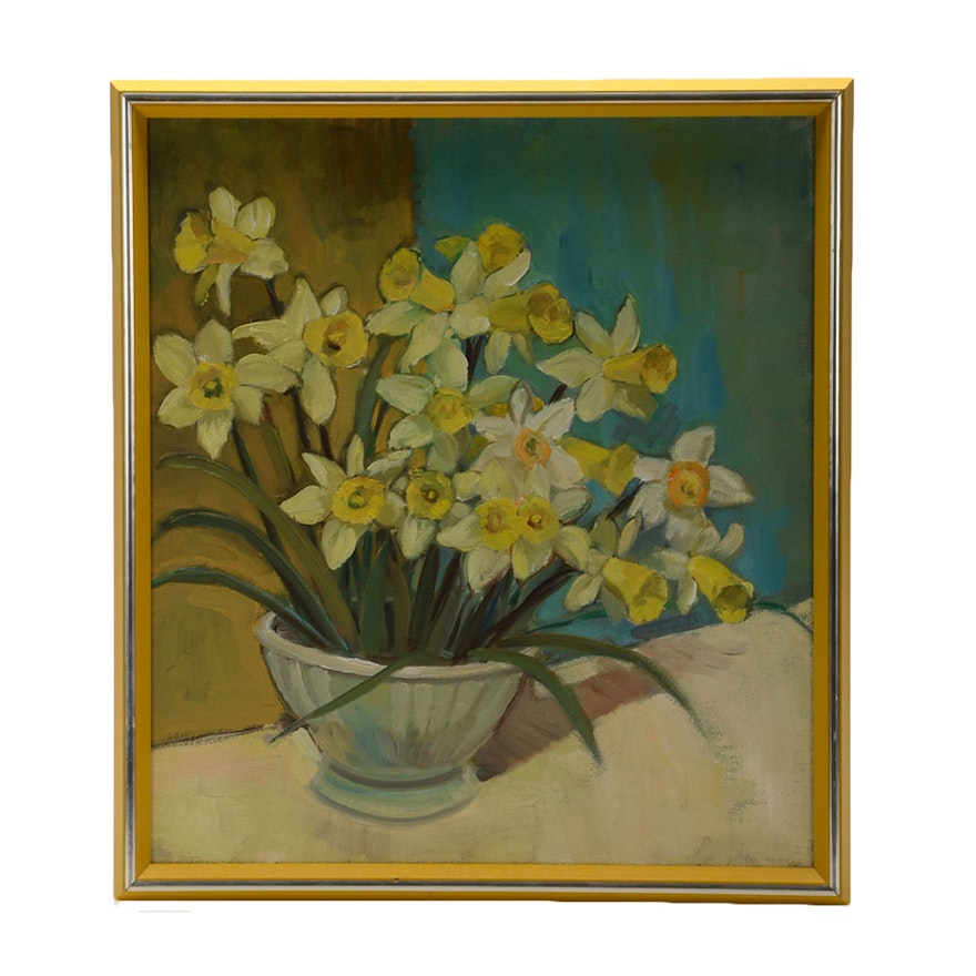 Original Alla Prima Floral Still Life Oil on Canvas of Daffofils
