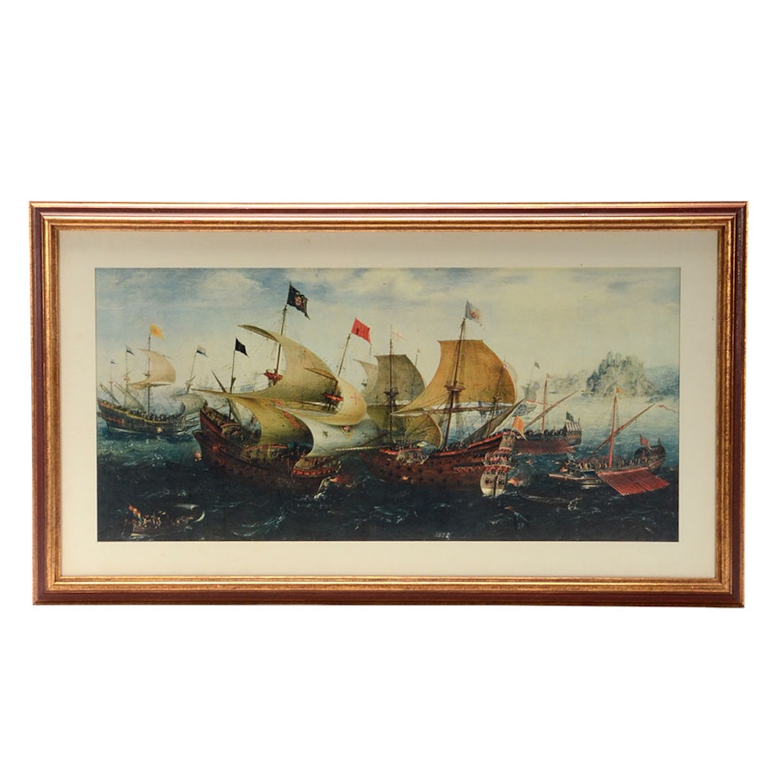 Color Rotogravure after Aert Van Antum "Bataille Entre Navires Hollandais et Anglais Contre l'Armada"