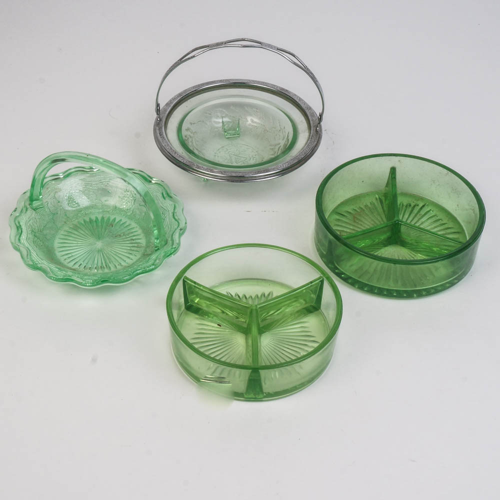 Assortment of Green Depression Glass Relish Dishes