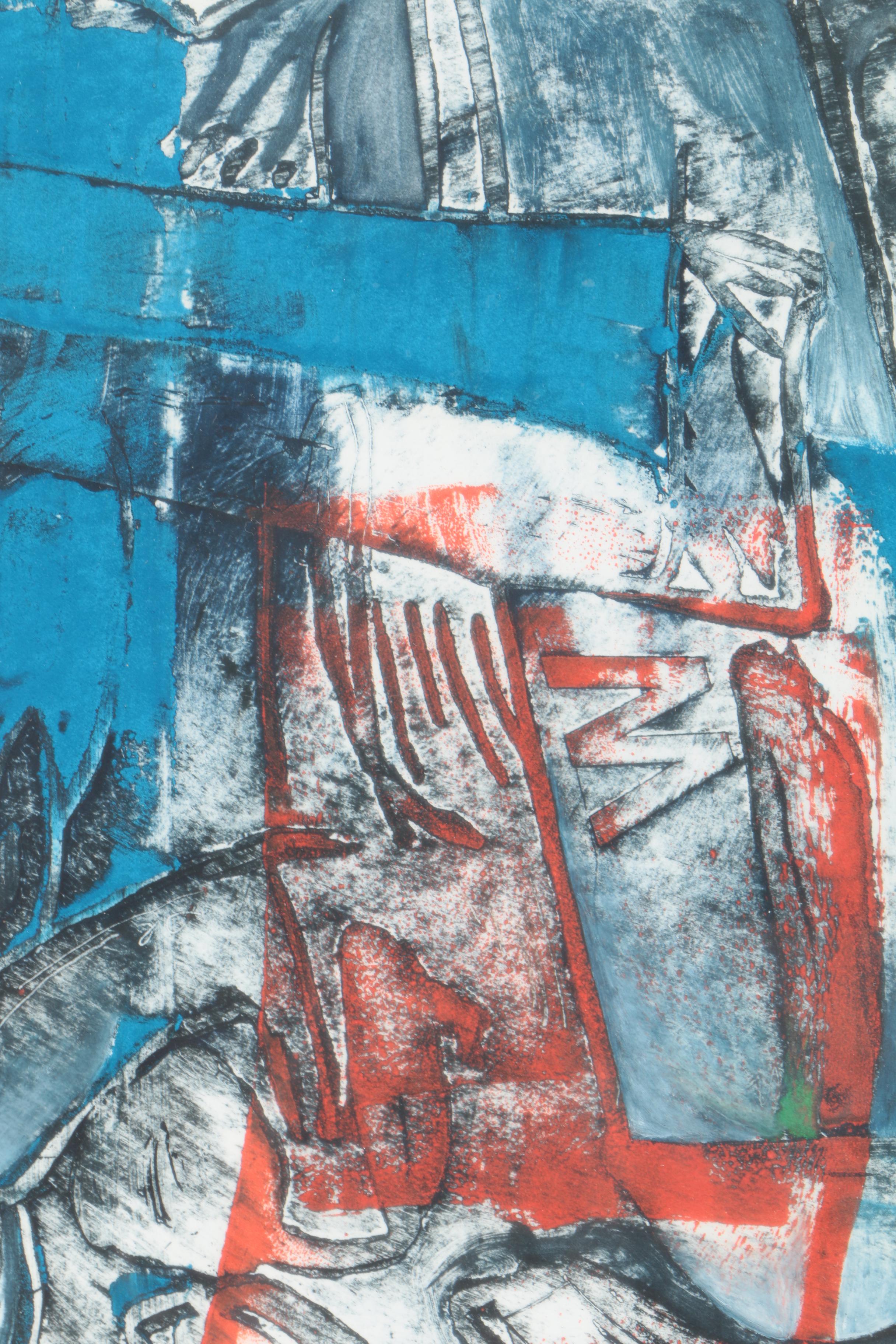 Vintage Abstract Collagraph Print on Paper