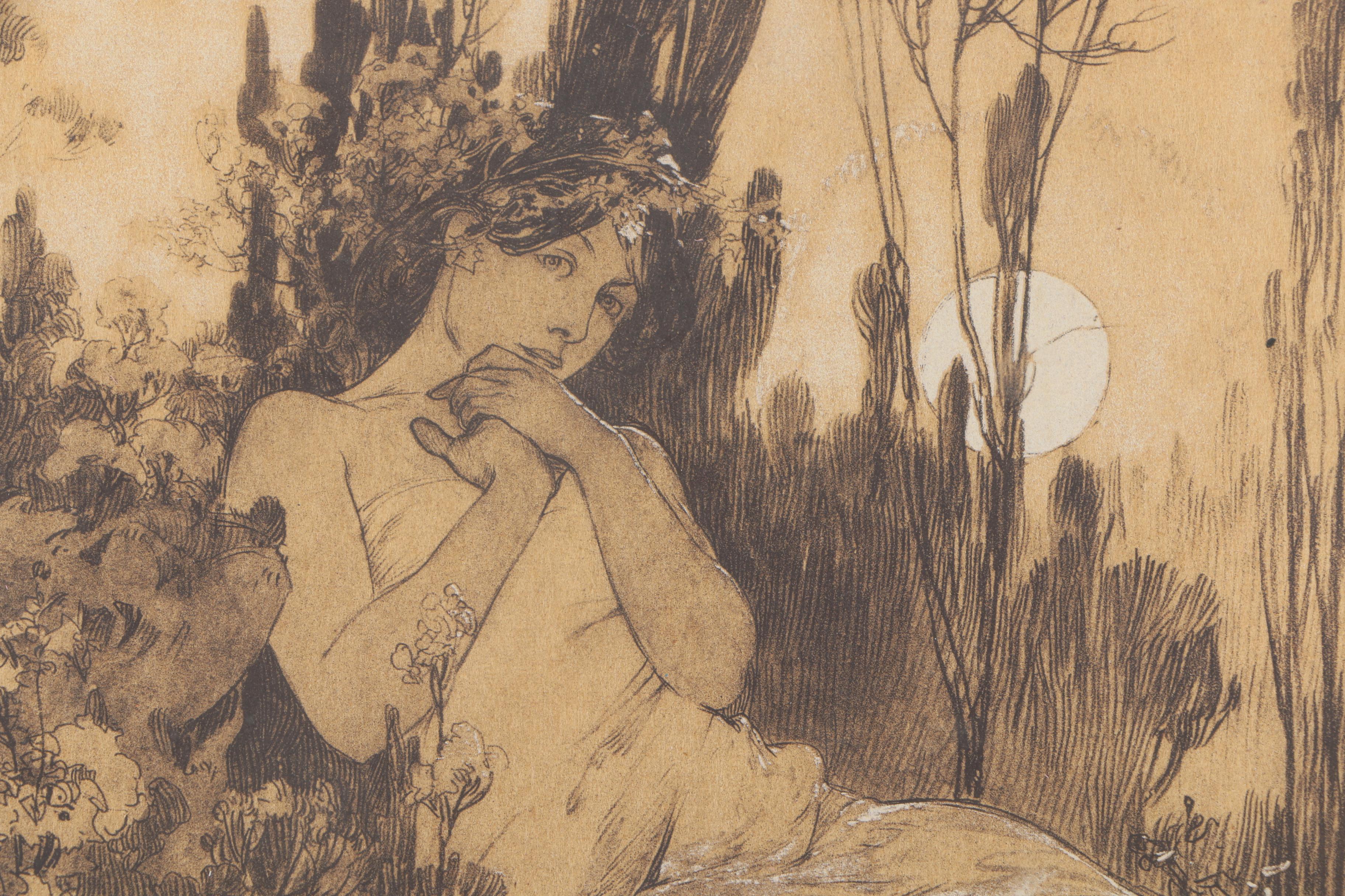 Embellished Etching After Alphonse Mucha's "Le Chant du Rossignol"