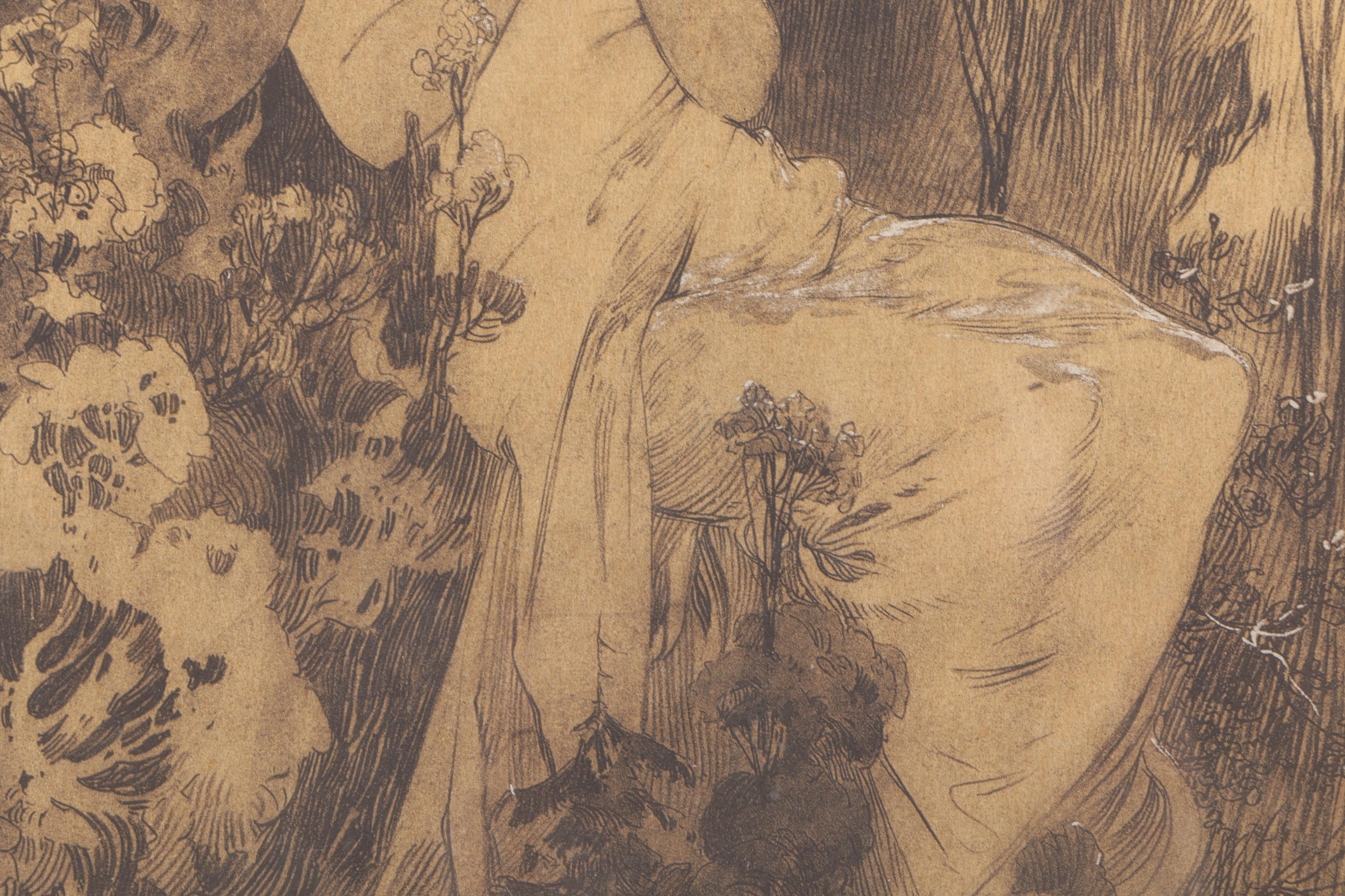 Embellished Etching After Alphonse Mucha's "Le Chant du Rossignol"