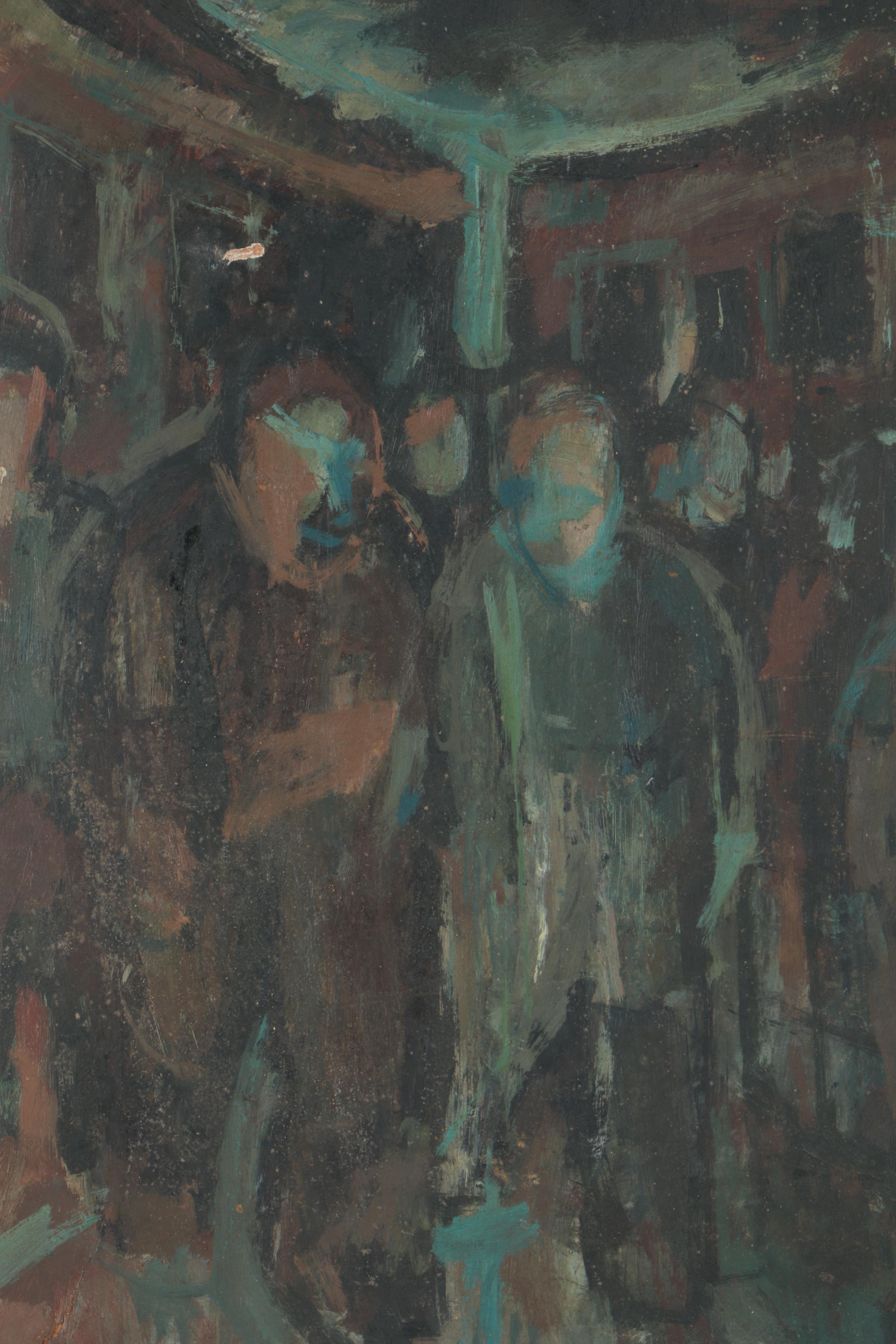 J. Roth Oil Painting on Wood of a Crowded Room