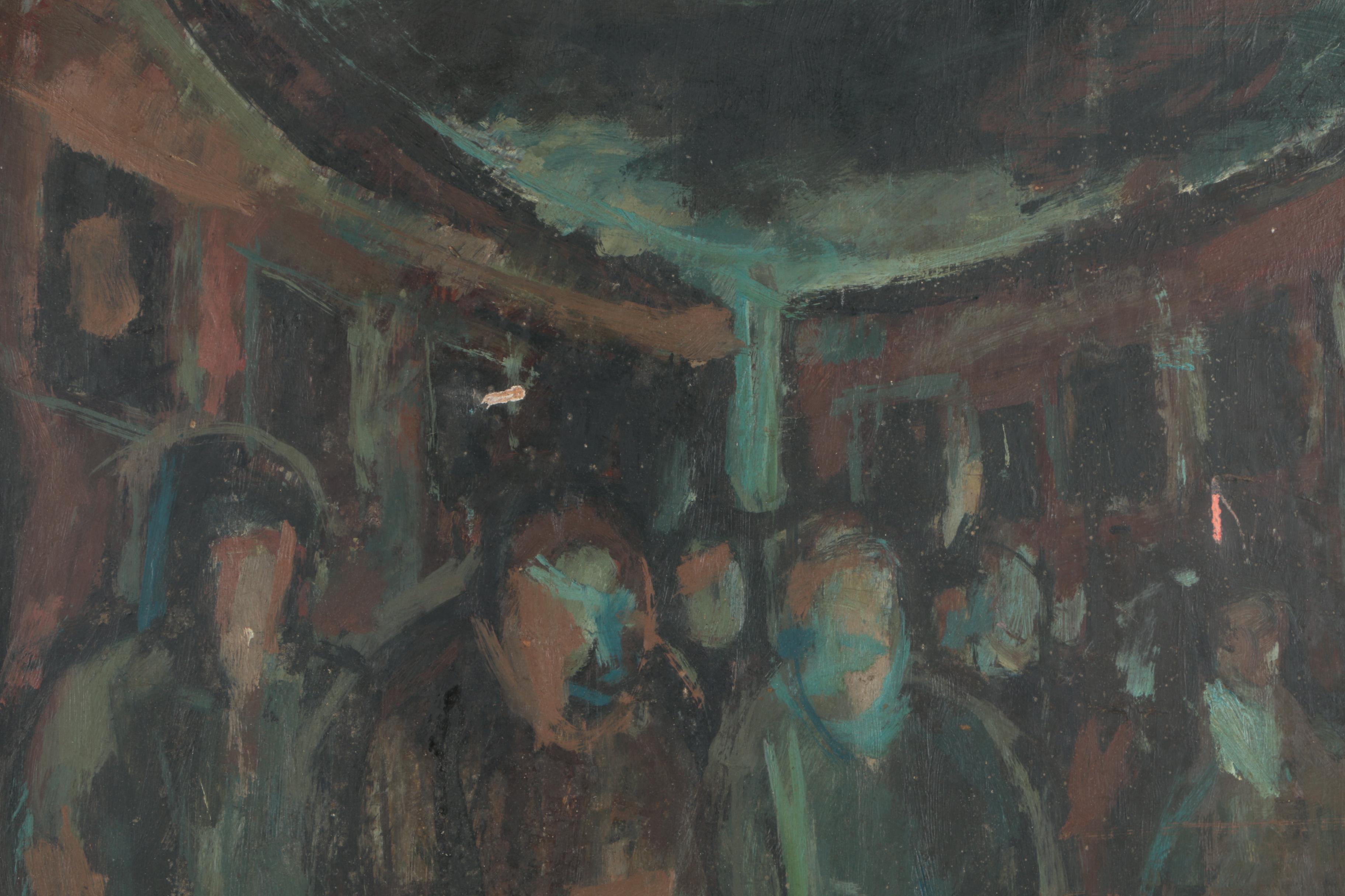 J. Roth Oil Painting on Wood of a Crowded Room