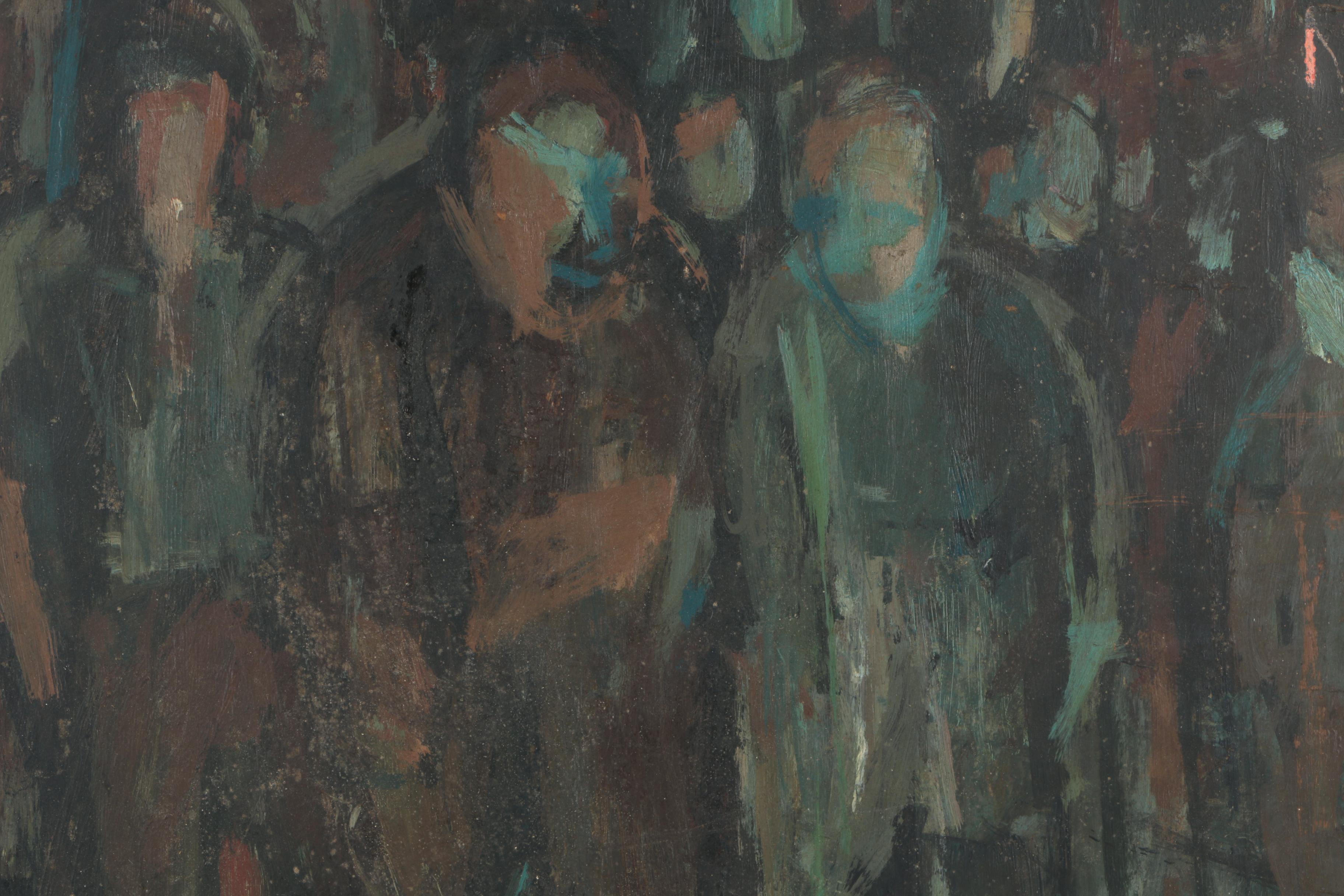J. Roth Oil Painting on Wood of a Crowded Room