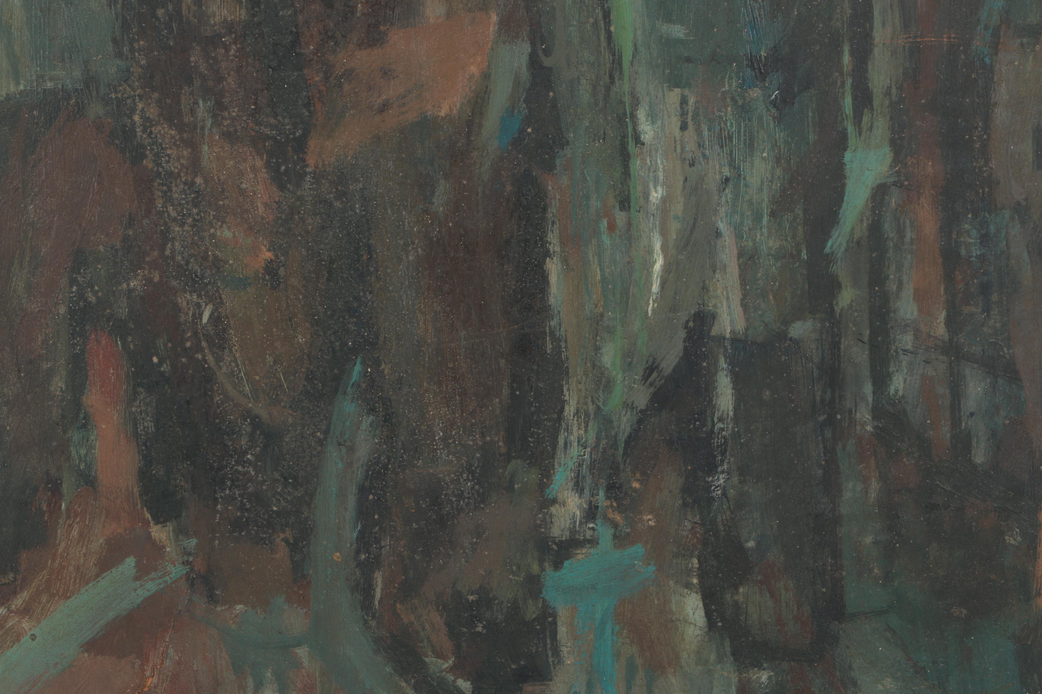 J. Roth Oil Painting on Wood of a Crowded Room