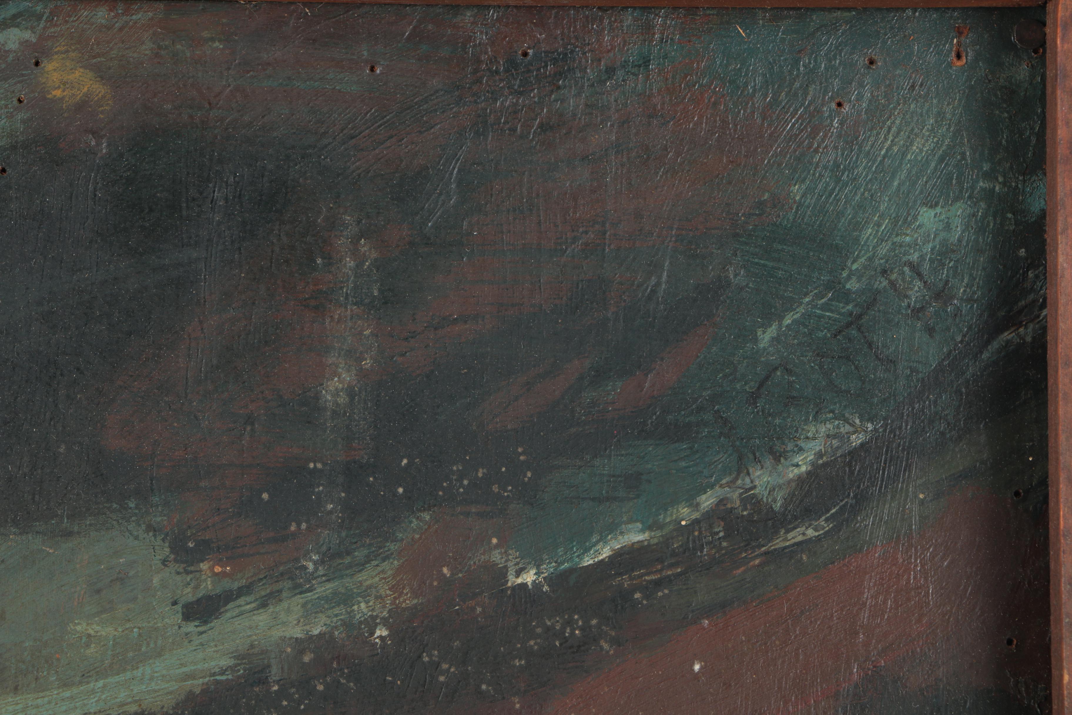 J. Roth Oil Painting on Wood of a Crowded Room