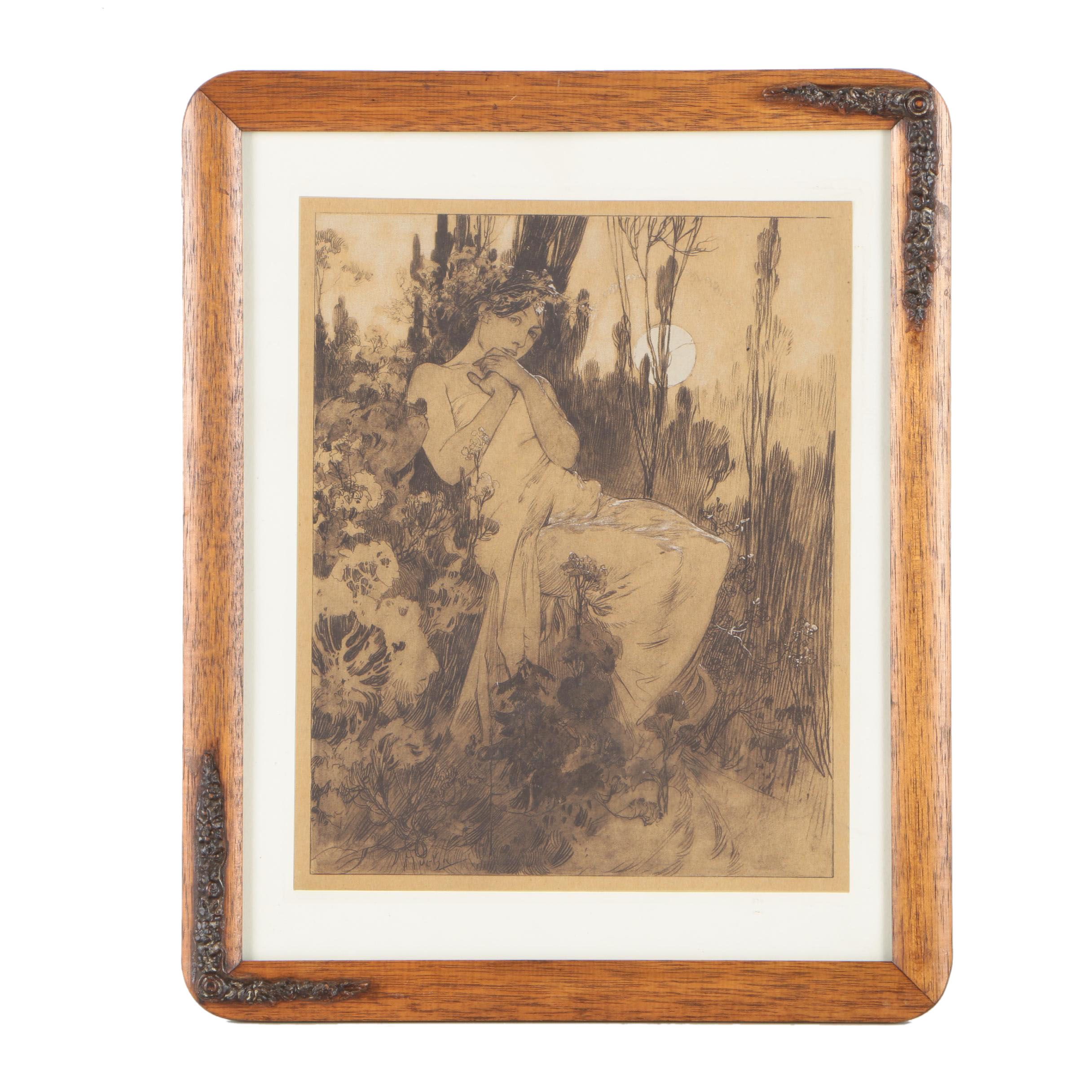 Embellished Etching After Alphonse Mucha's "Le Chant du Rossignol"