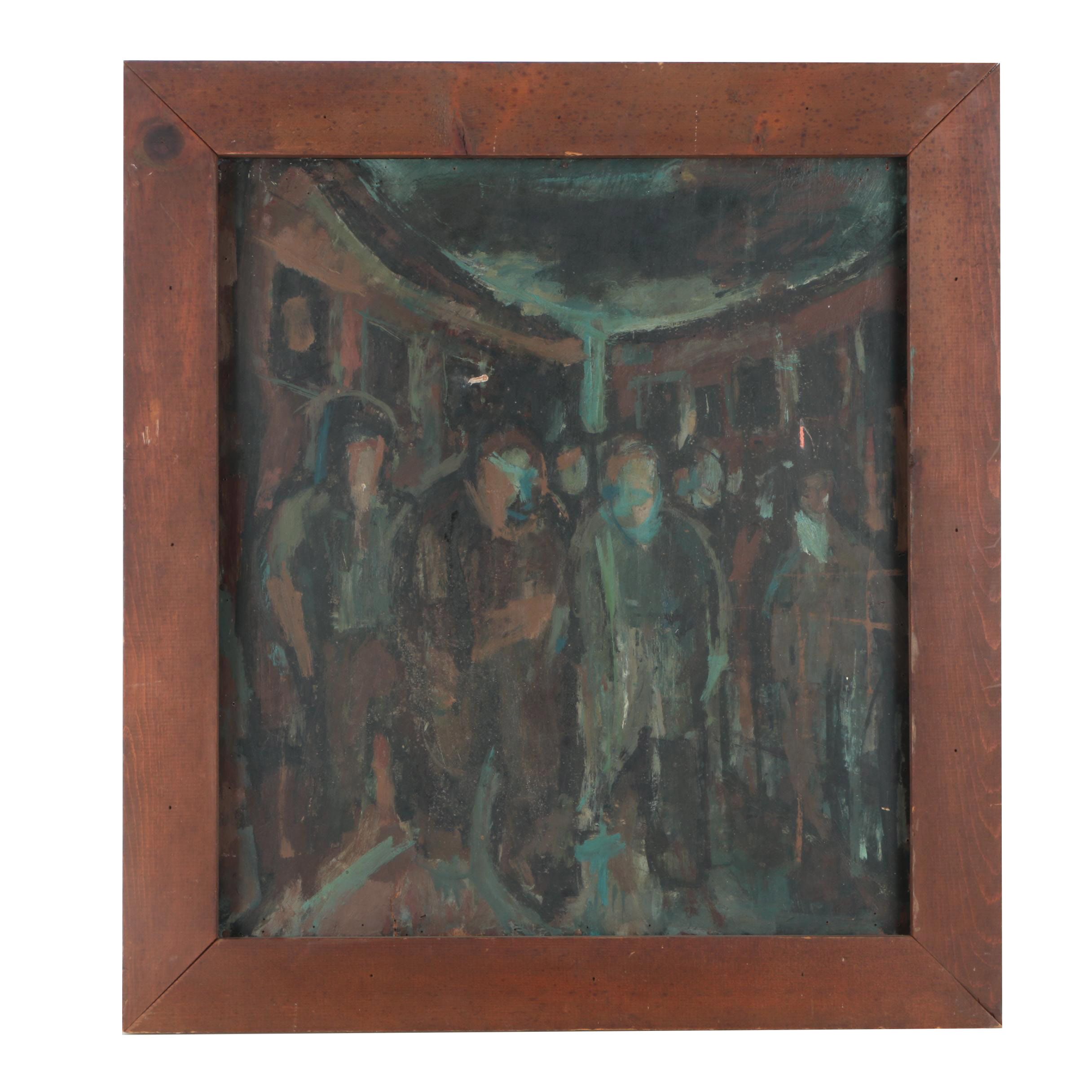 J. Roth Oil Painting on Wood of a Crowded Room