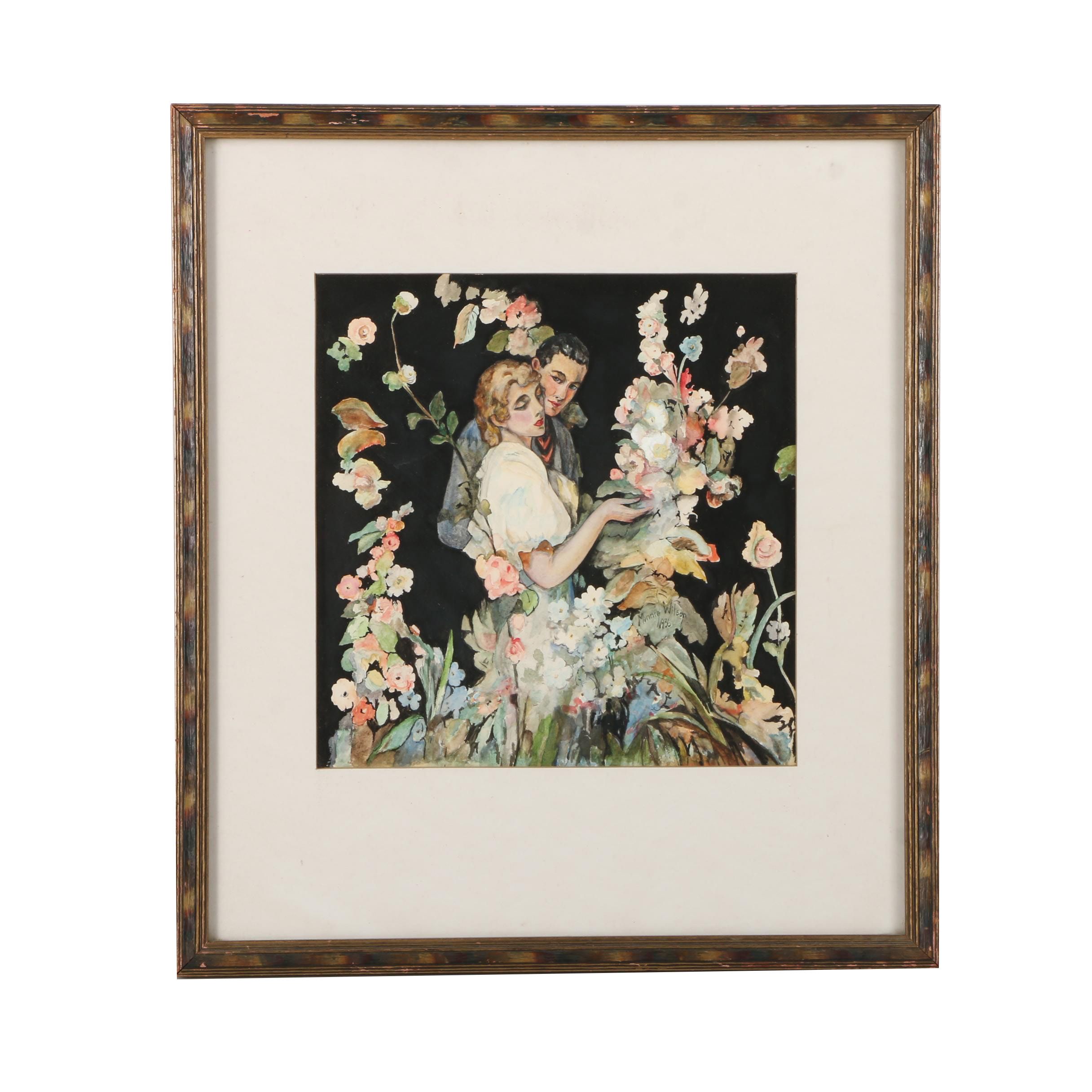 Minnie Wilson Watercolor on Paper of a Young Couple