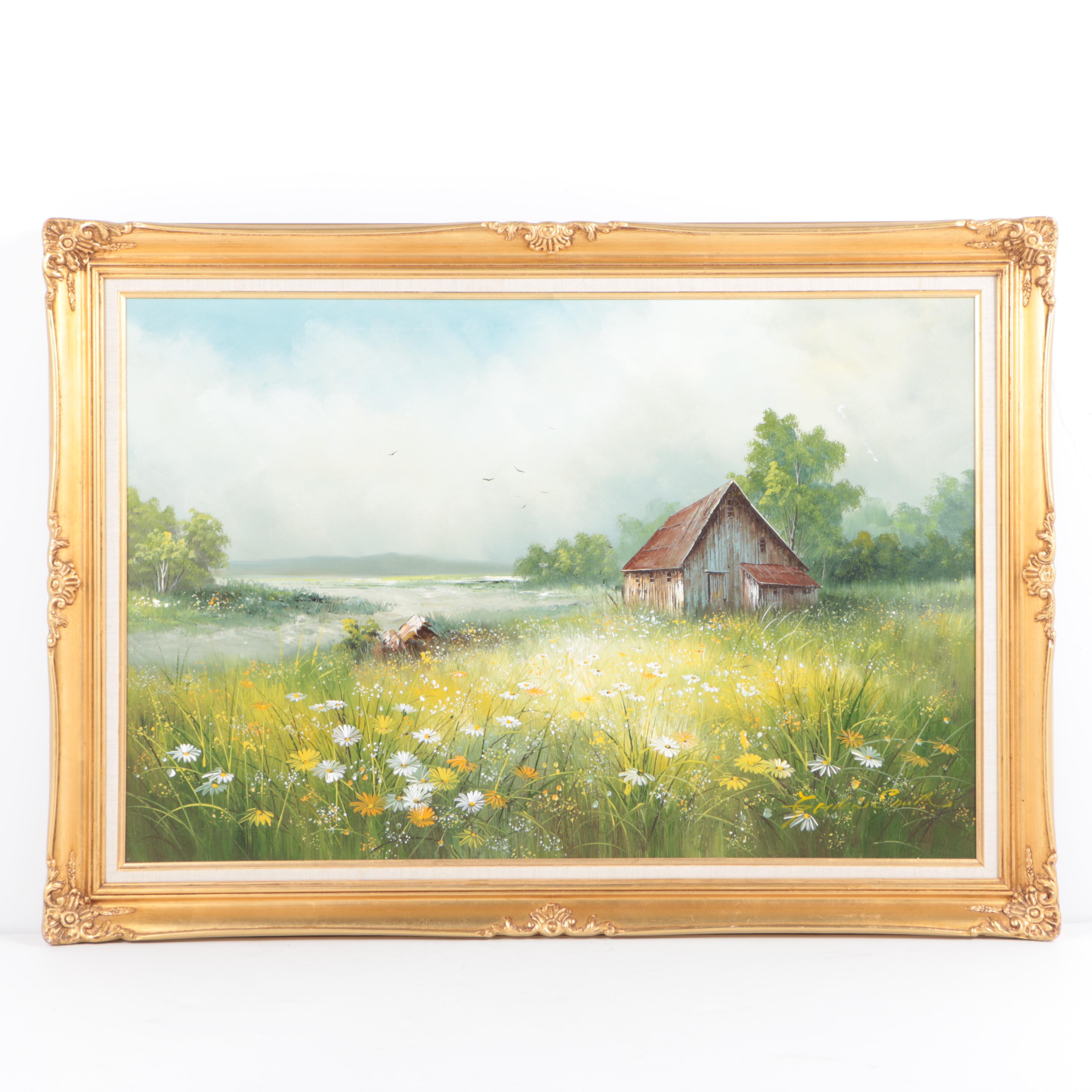 Gordon Smith Oil Painting on Canvas of a Barn in a Daisy Covered Field