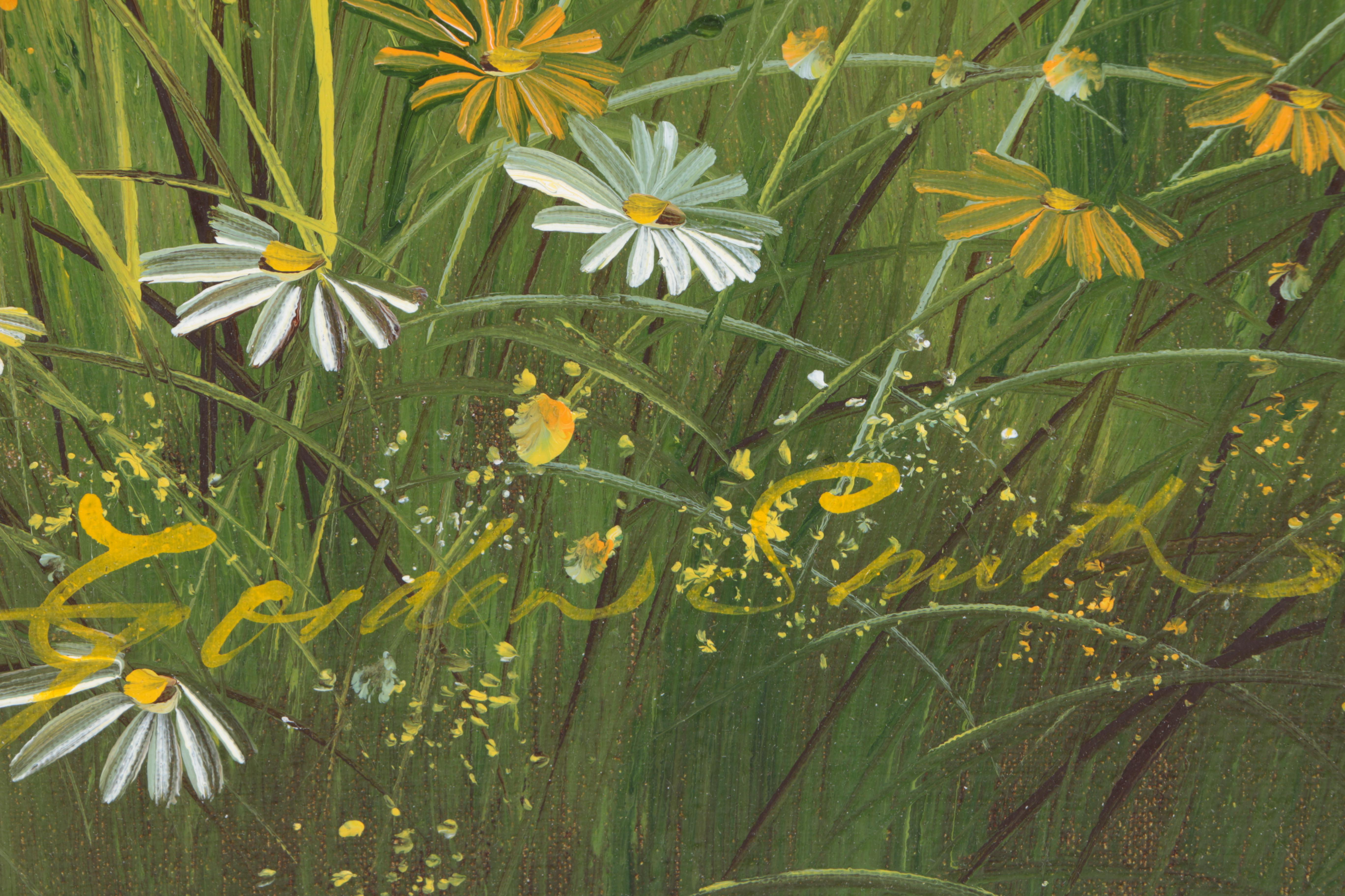 Gordon Smith Oil Painting on Canvas of a Barn in a Daisy Covered Field