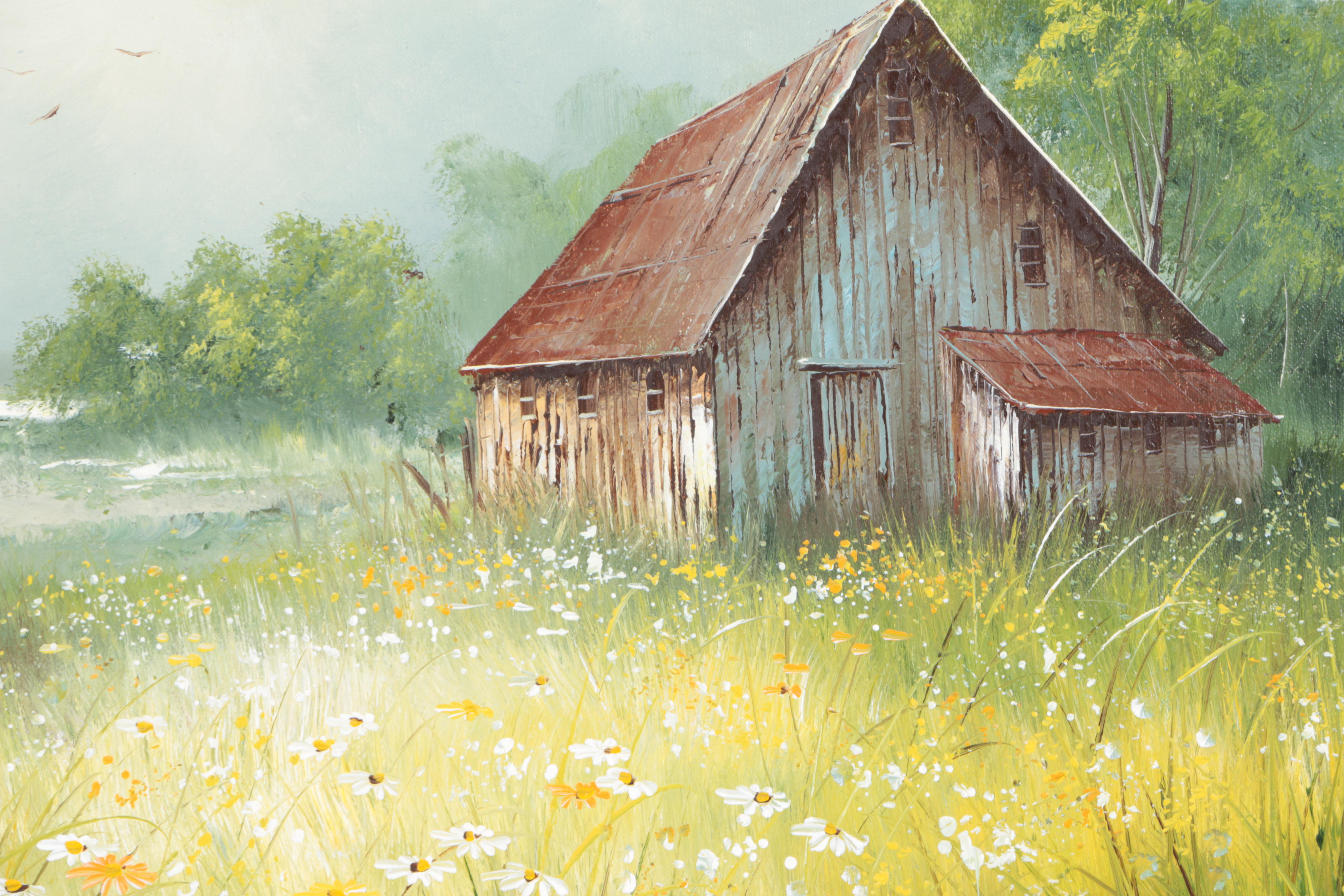 Gordon Smith Oil Painting on Canvas of a Barn in a Daisy Covered Field