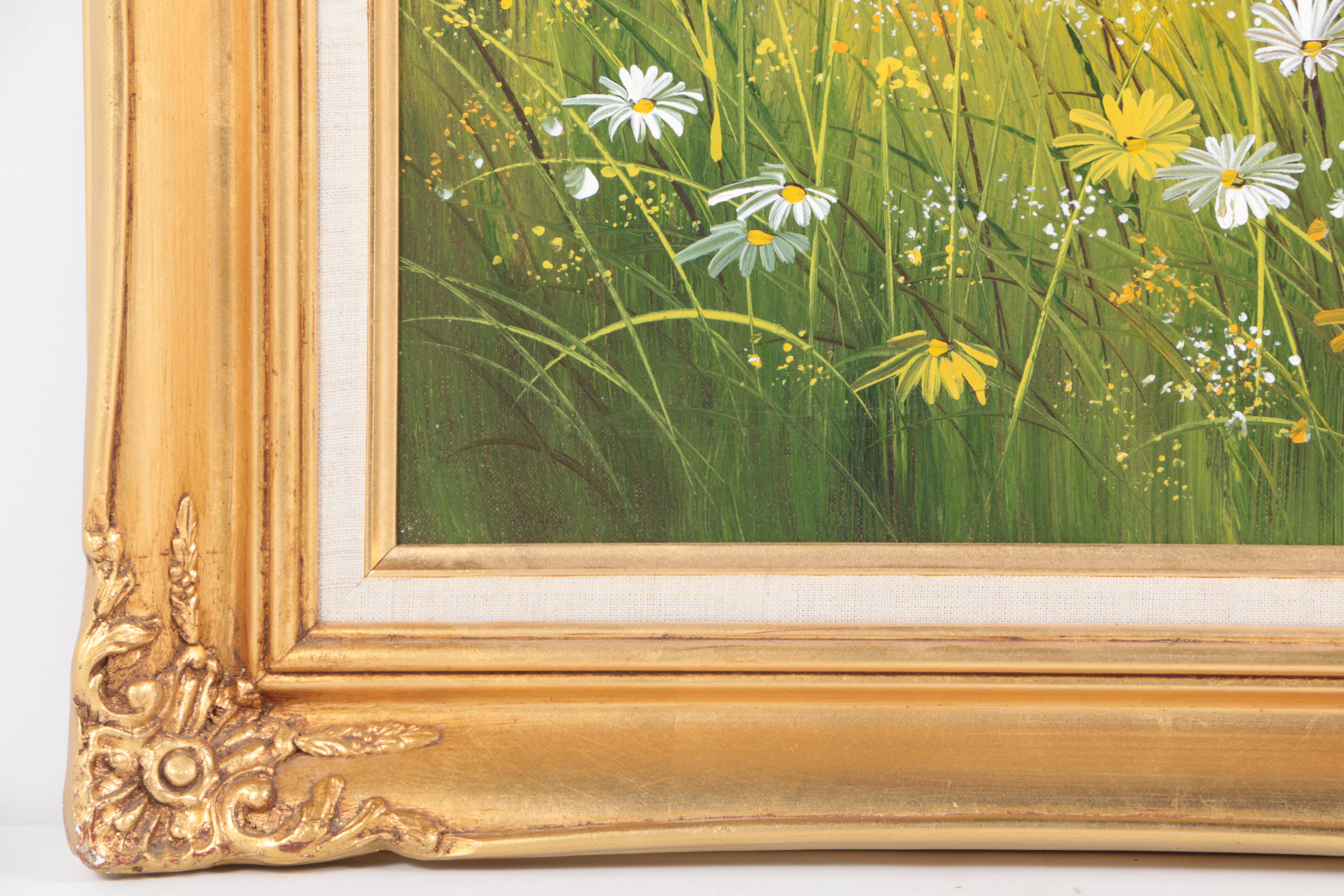 Gordon Smith Oil Painting on Canvas of a Barn in a Daisy Covered Field