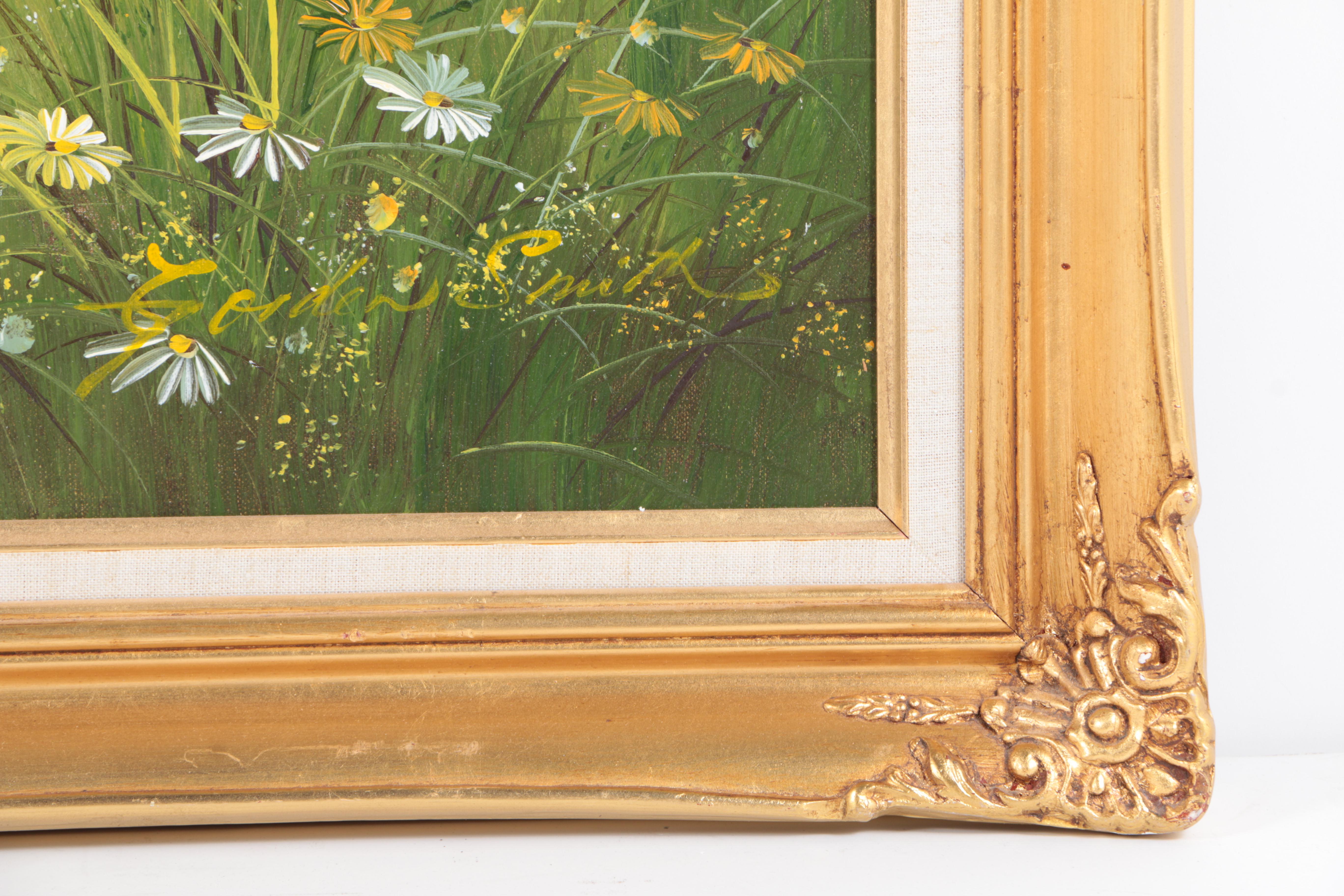 Gordon Smith Oil Painting on Canvas of a Barn in a Daisy Covered Field