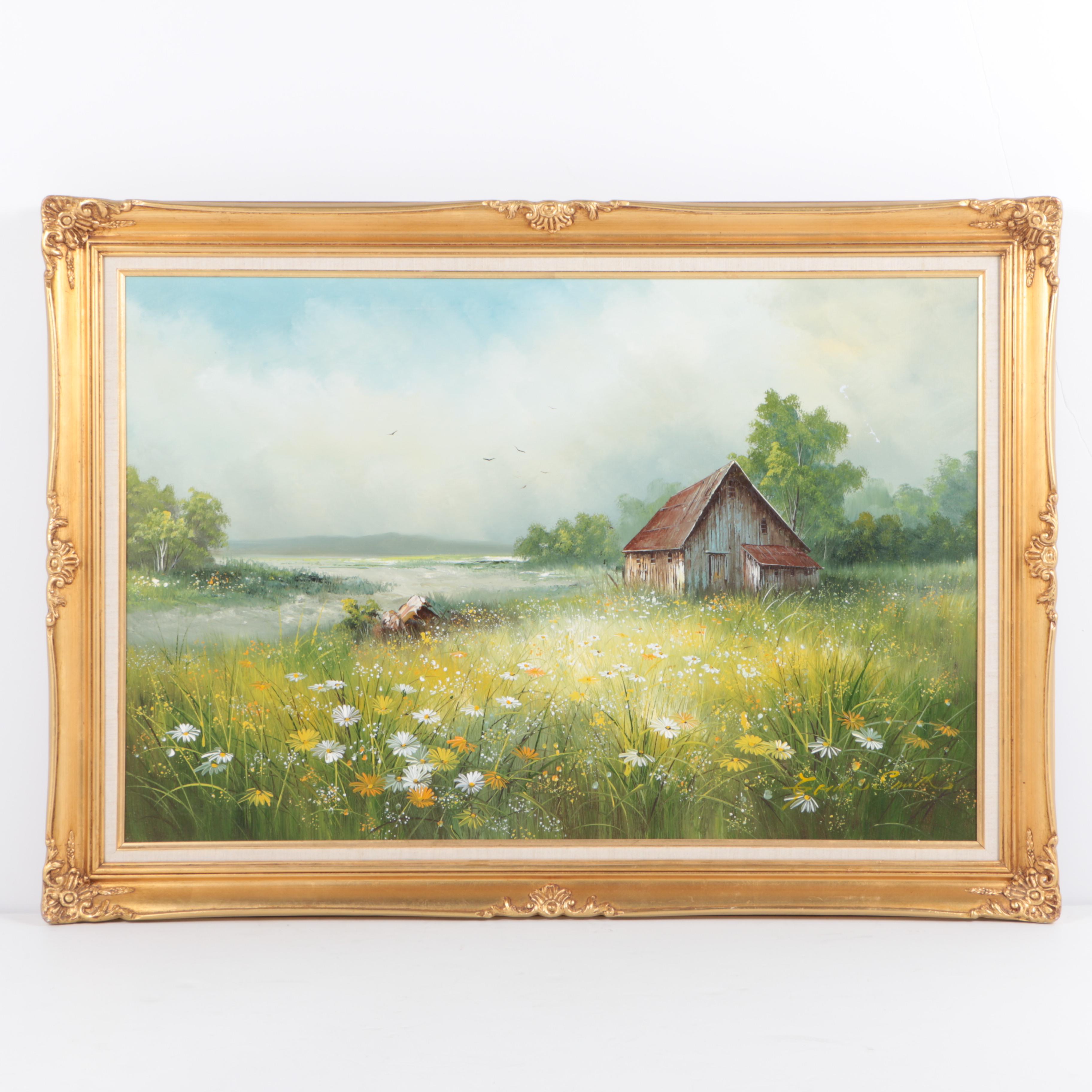 Gordon Smith Oil Painting on Canvas of a Barn in a Daisy Covered Field