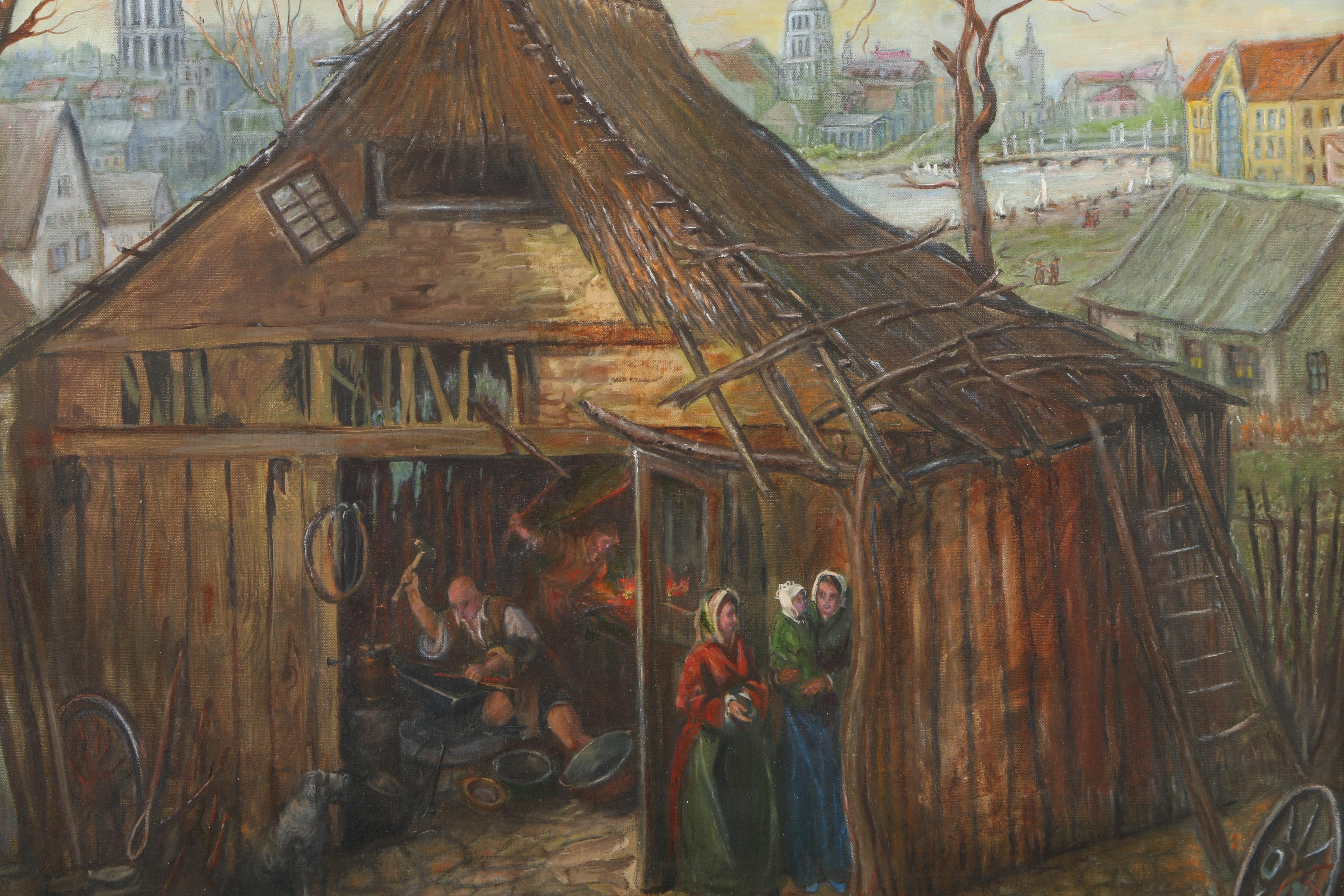 Oil Painting on Canvas of a Blacksmith Workshop Before a City