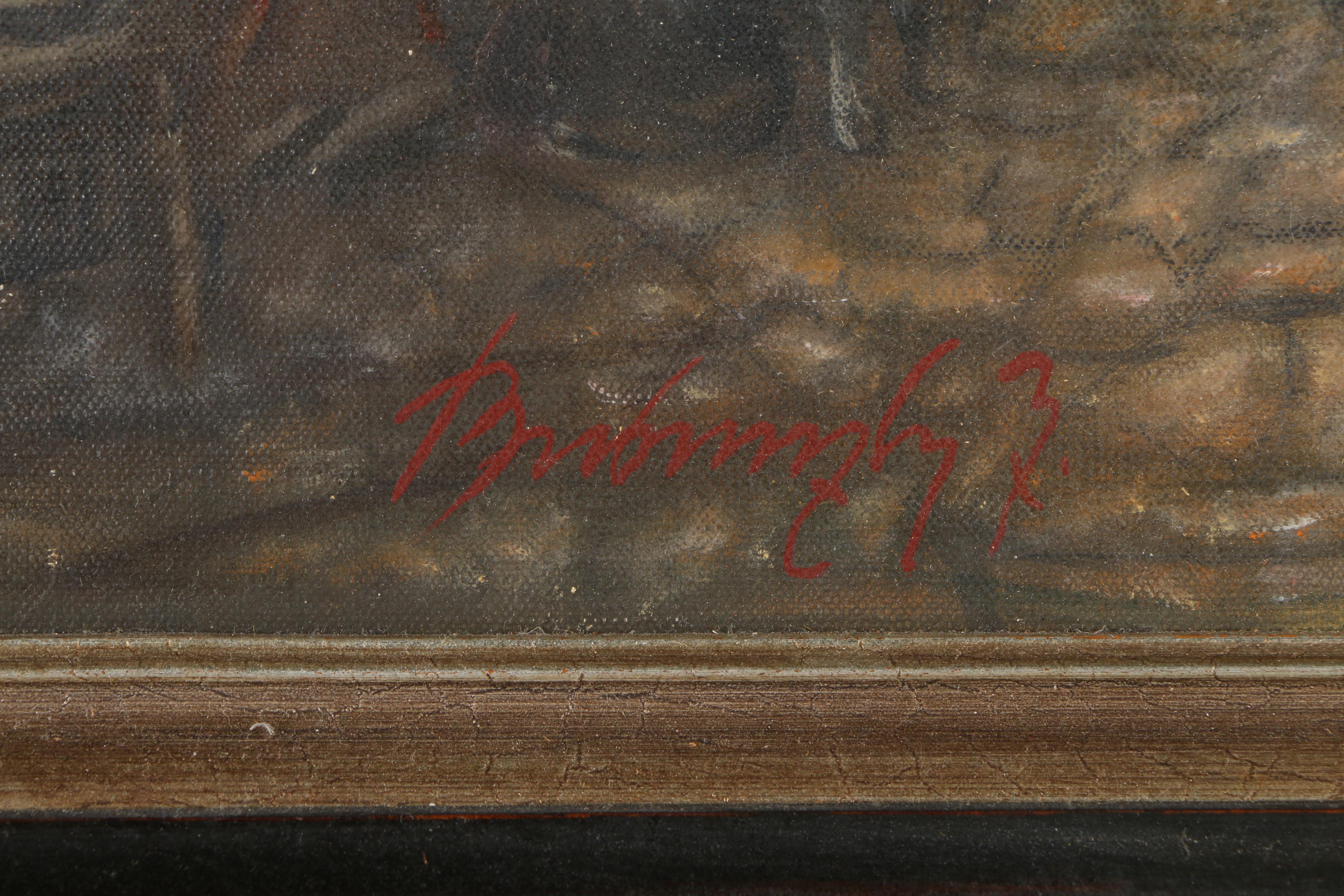 Oil Painting on Canvas of a Blacksmith Workshop Before a City