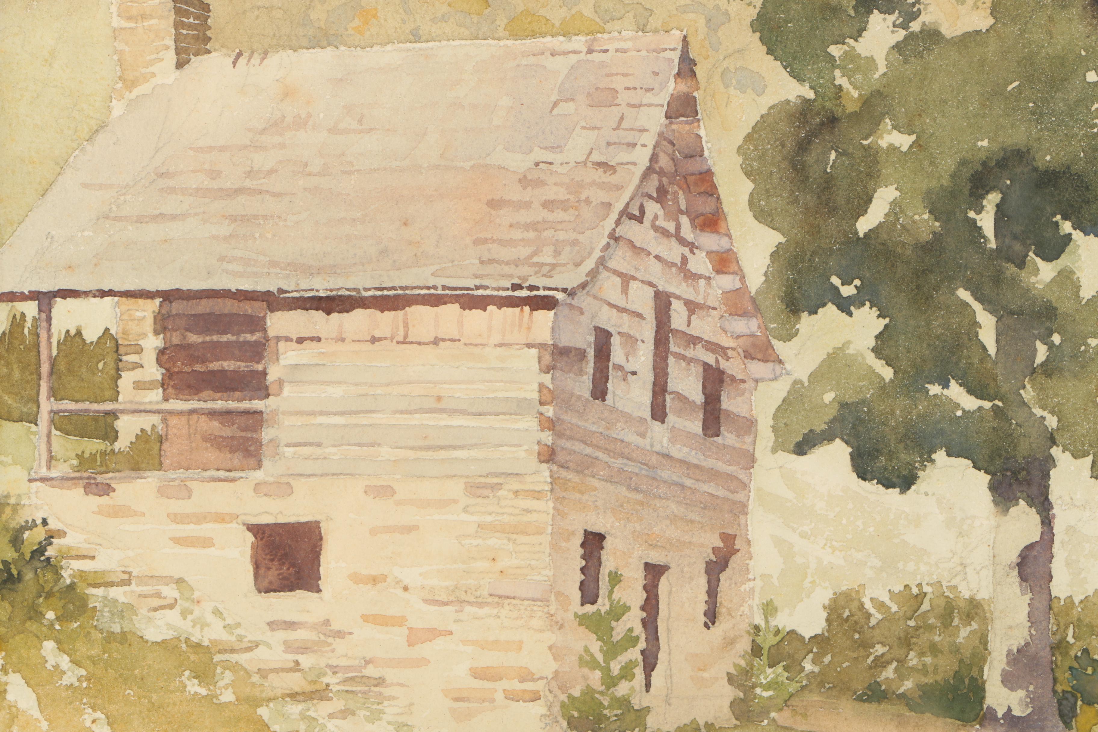 W.R. Johnson Watercolor on Paper of a Log Cabin
