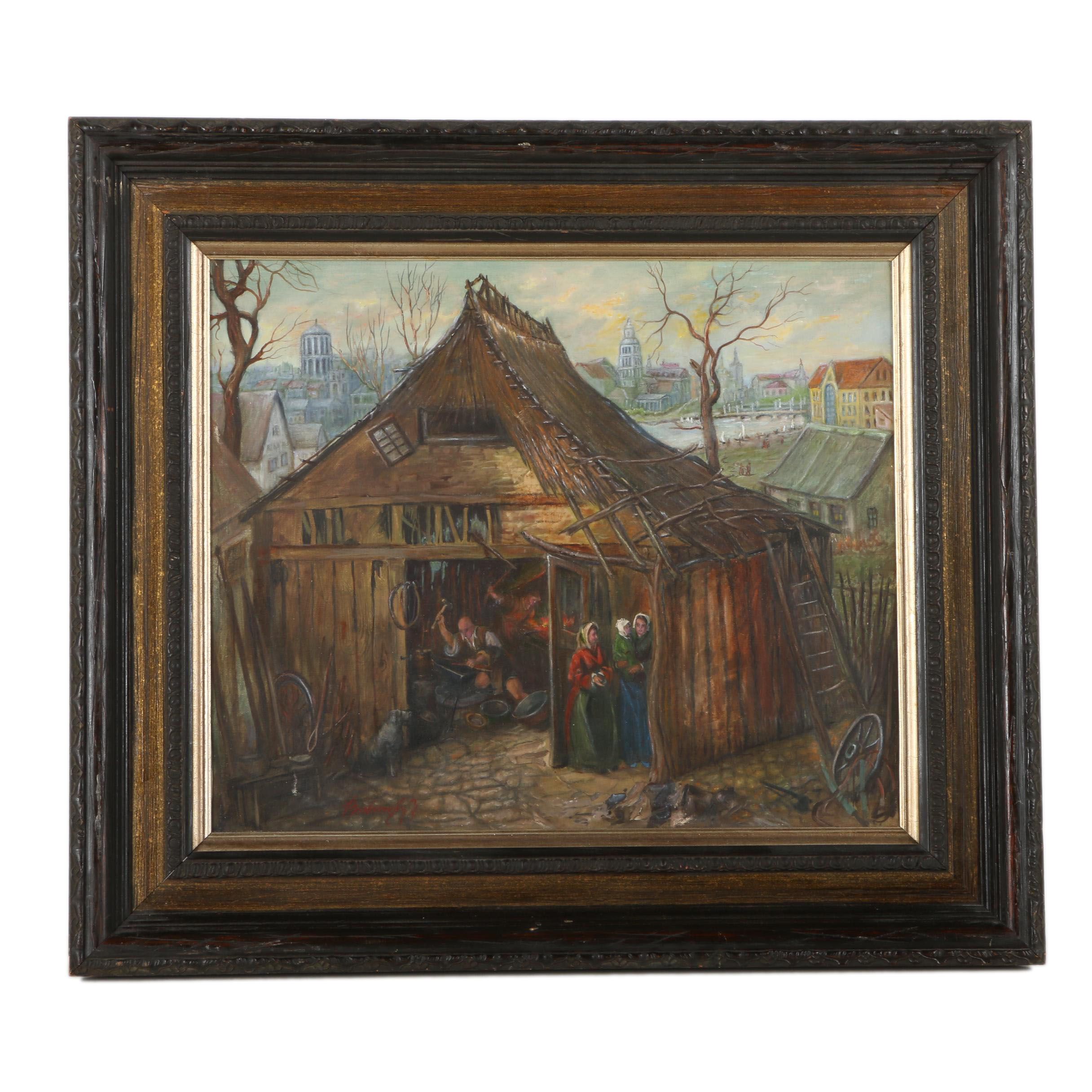 Oil Painting on Canvas of a Blacksmith Workshop Before a City