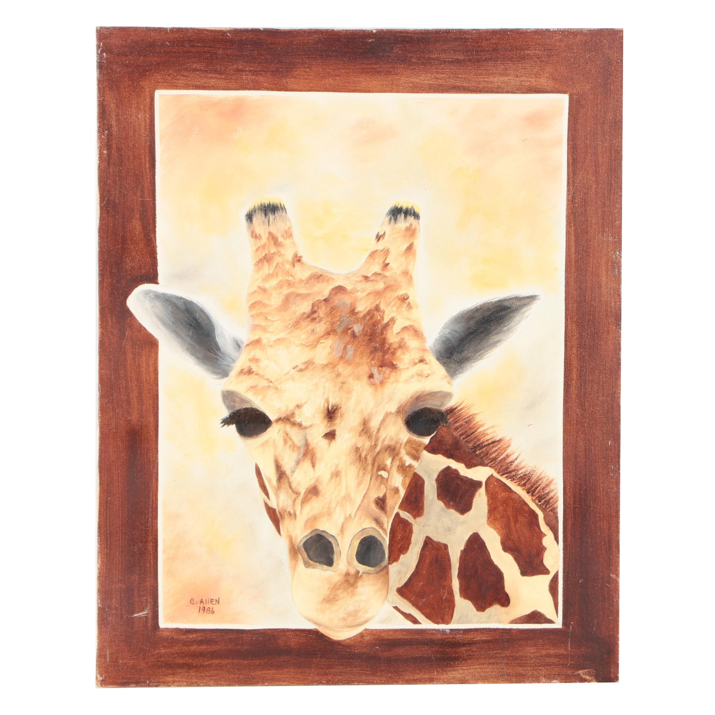 1986 C. Allen Oil Painting on Canvas of a Giraffe