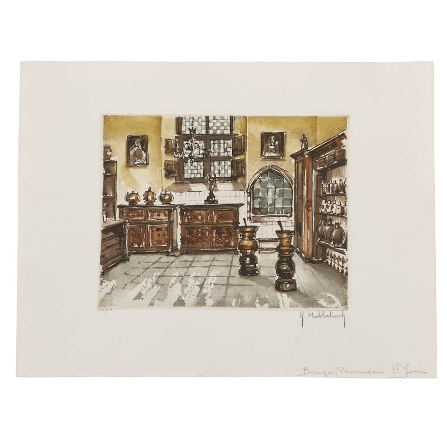 Roger Hebbelinck Limited Edition Etching on Paper "Bruges Pharmacie St. Jean"