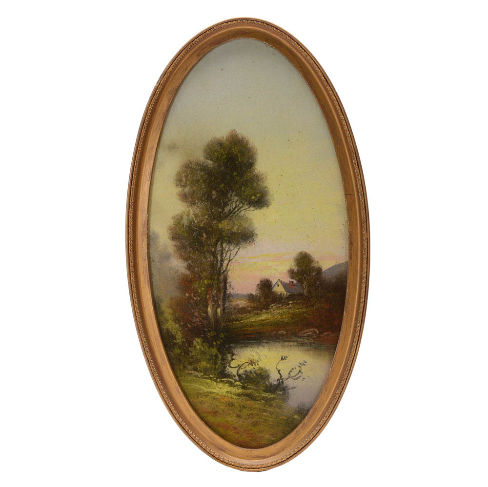 Antique Ovular Pastel Landscape Drawing