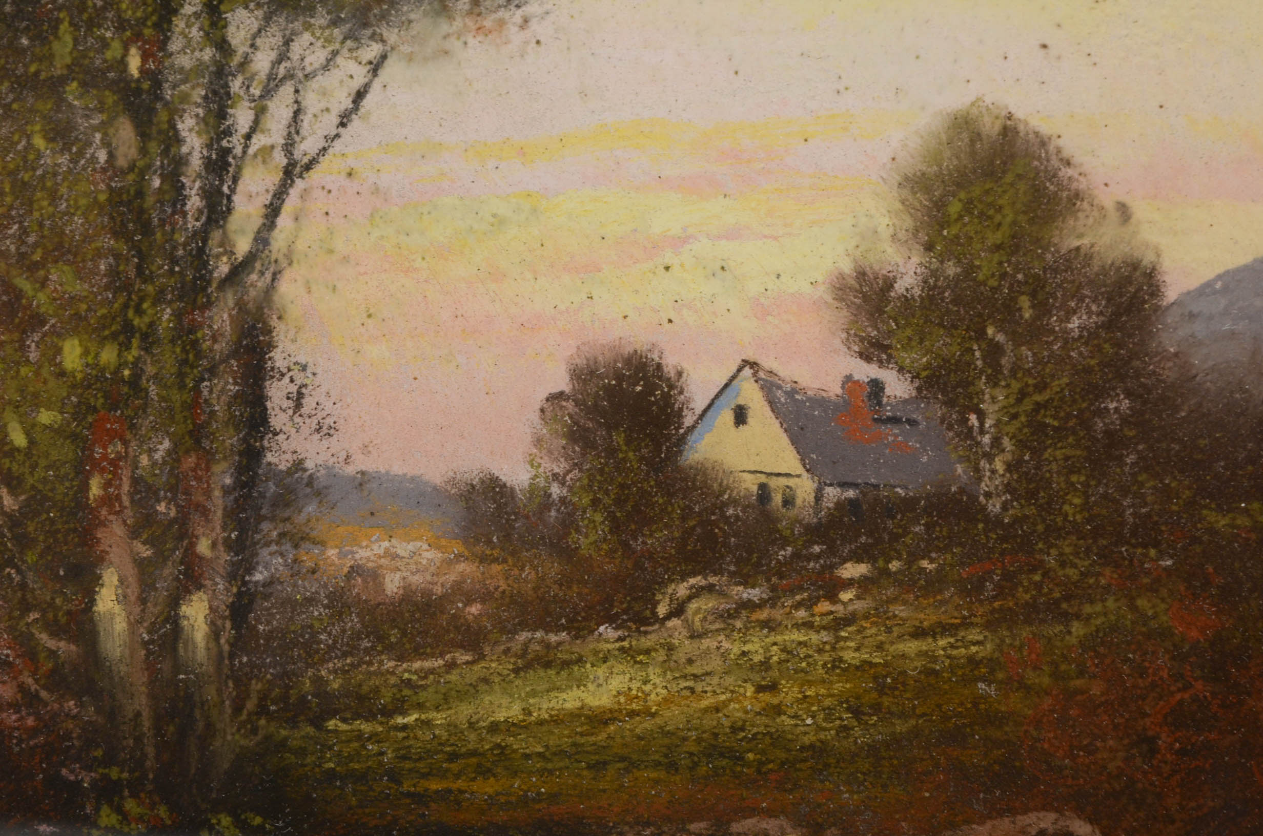 Antique Ovular Pastel Landscape Drawing