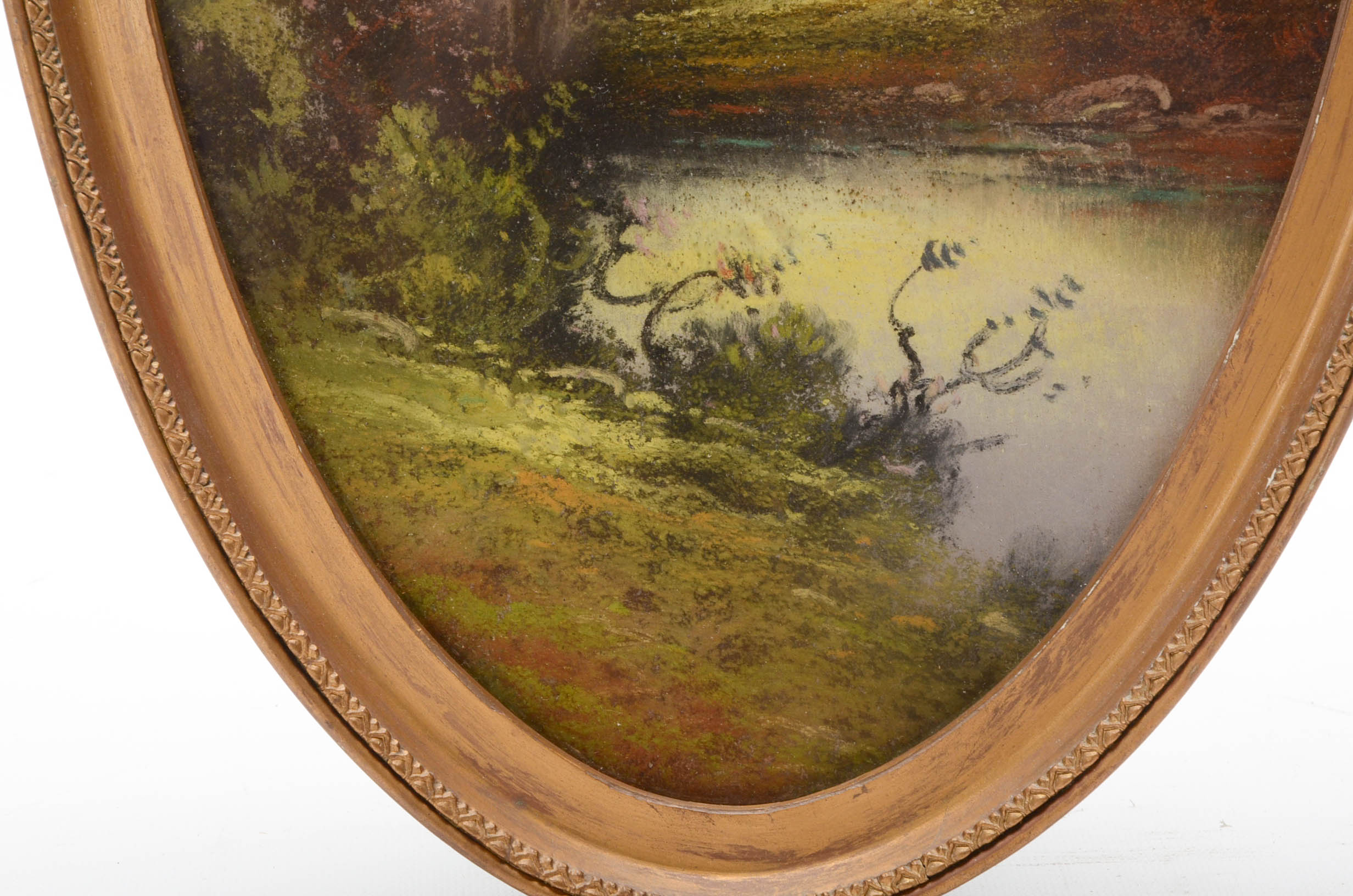 Antique Ovular Pastel Landscape Drawing