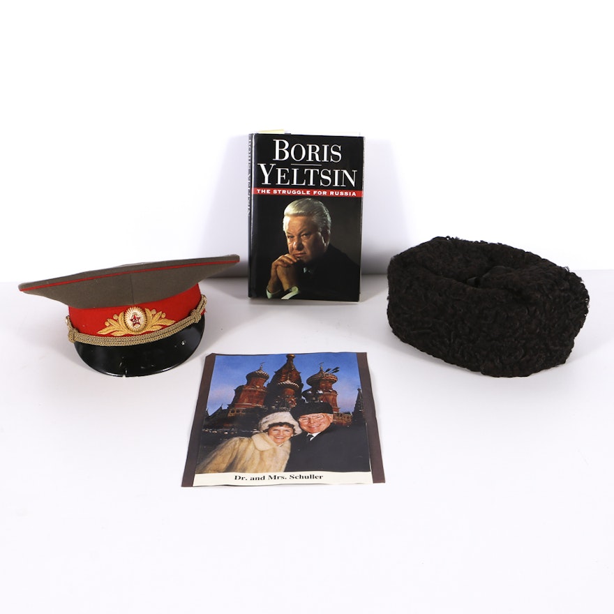 Vintage Russian Ushanka Hats and Boris Yeltsin Book
