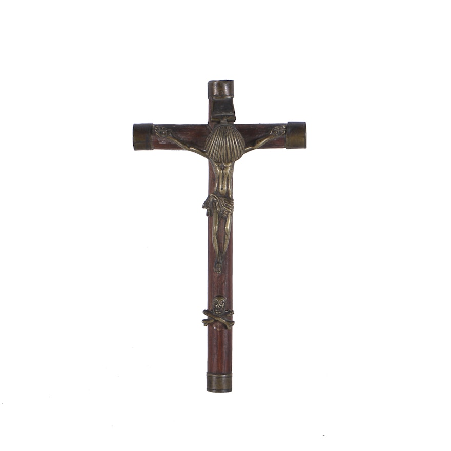 Wood Crucifix with a Brass Sculpture of Christ and Brass Accents