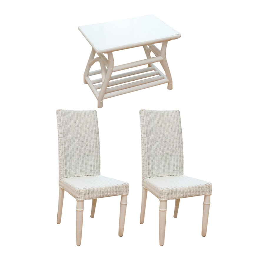 Pair of White Wicker Chairs with Outdoor Table