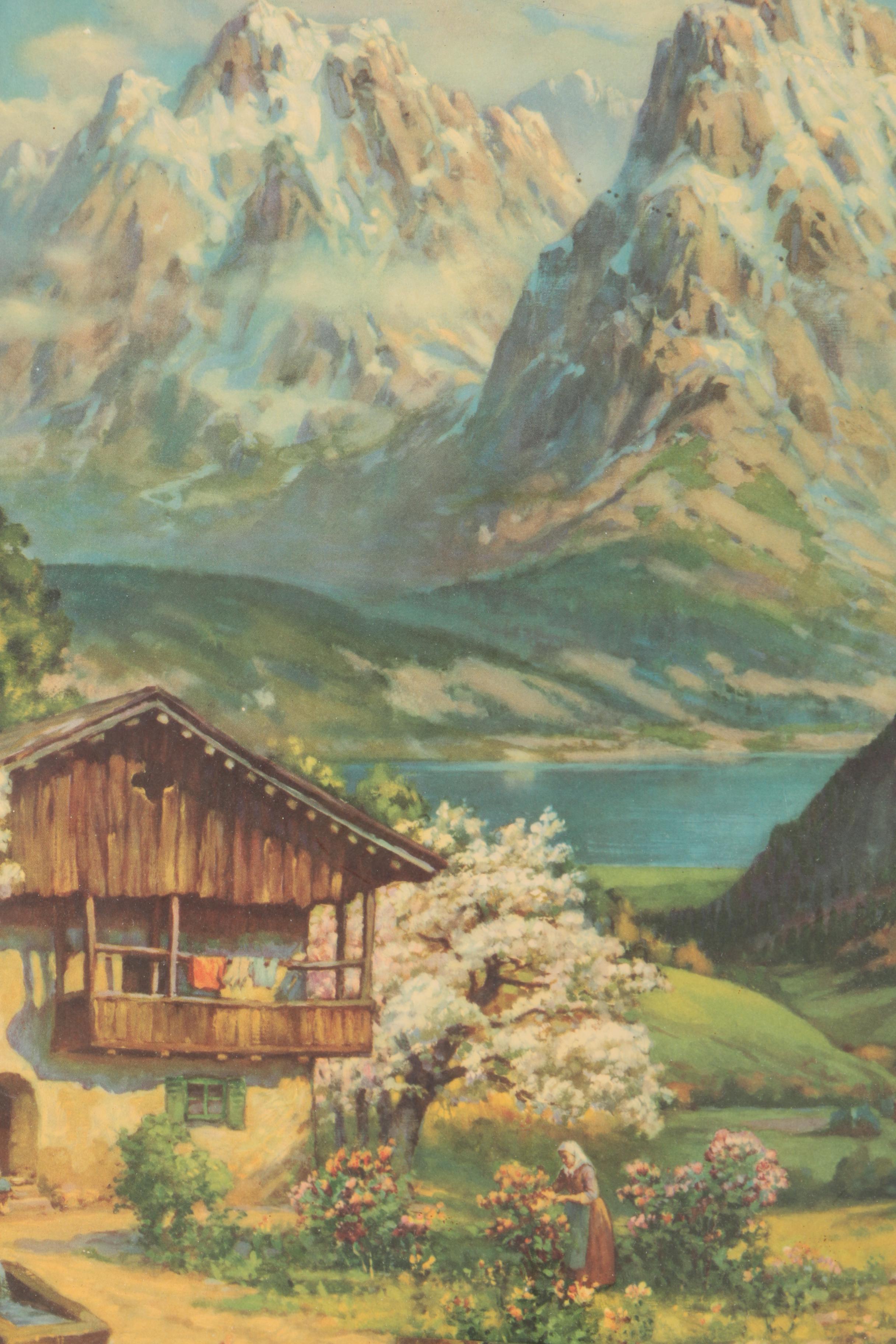 Offset Lithograph of a Chalet in a Mountain Landscape