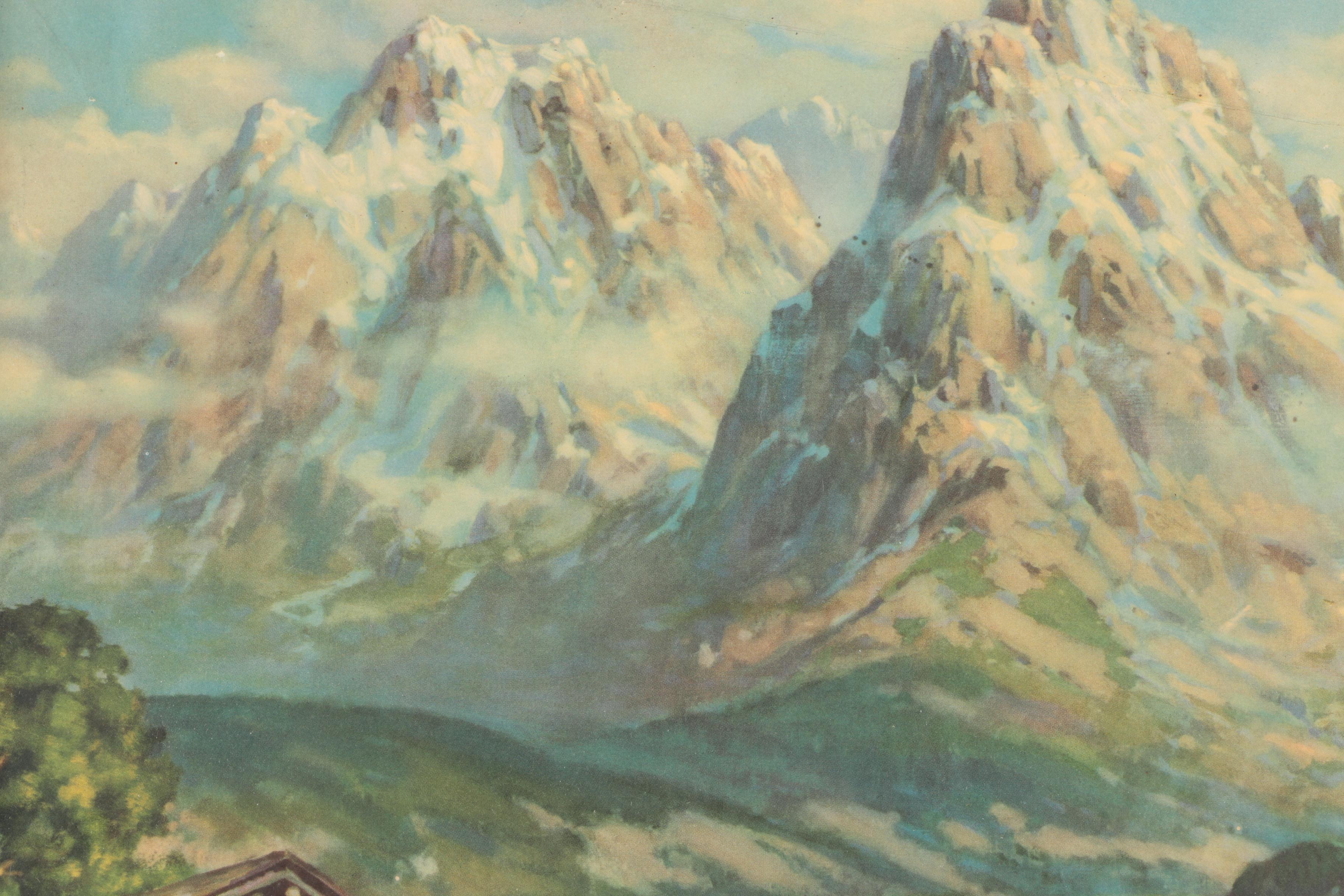 Offset Lithograph of a Chalet in a Mountain Landscape