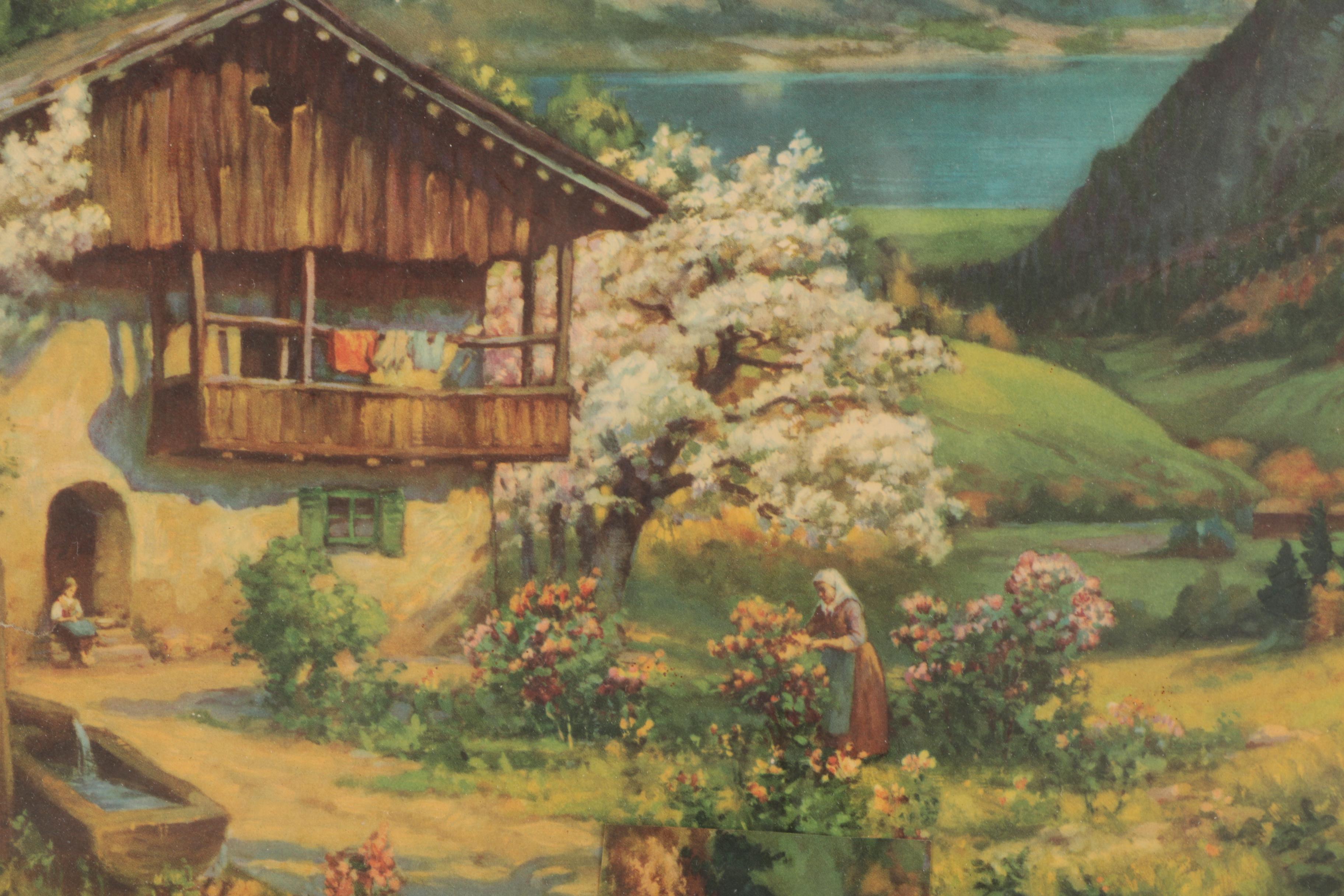 Offset Lithograph of a Chalet in a Mountain Landscape