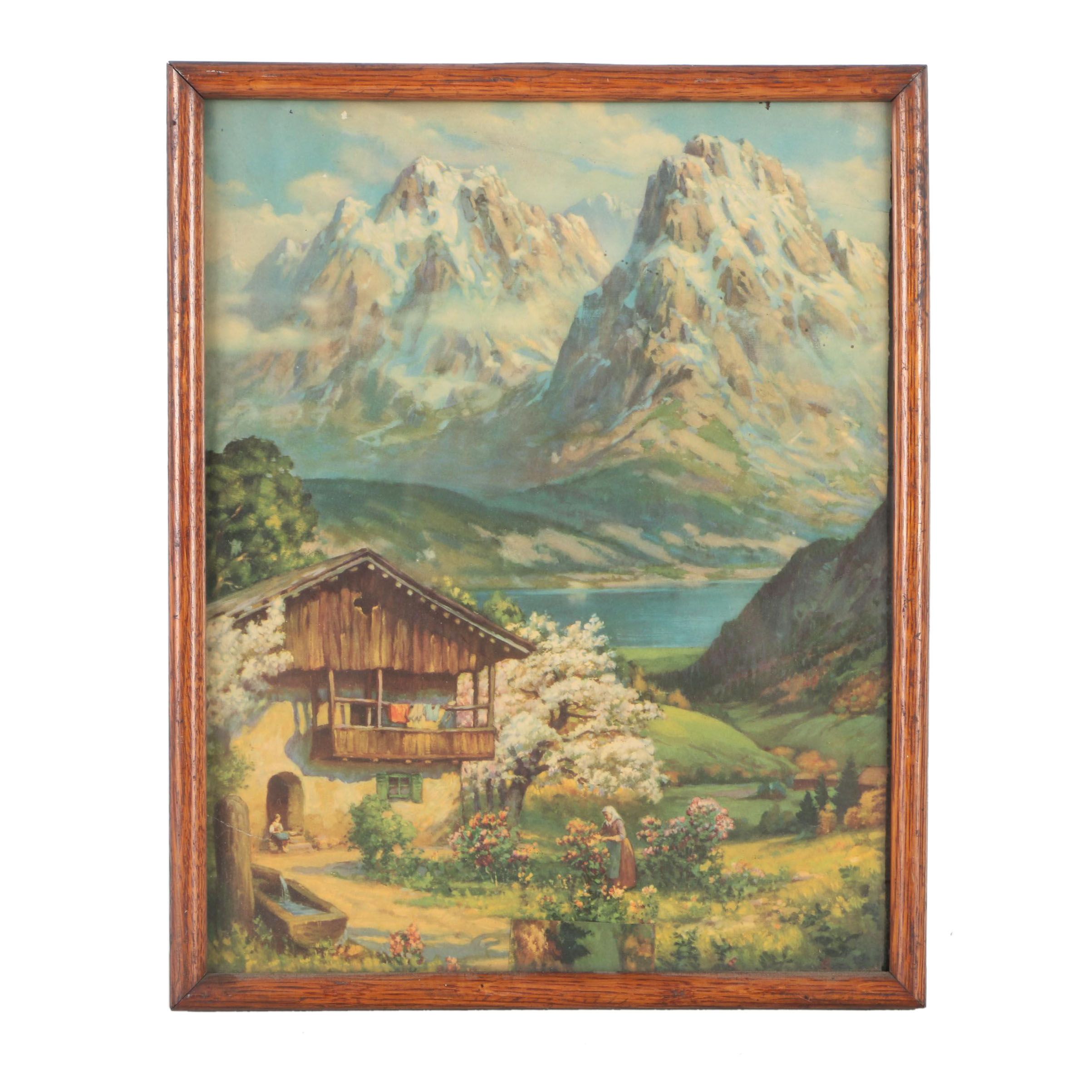 Offset Lithograph of a Chalet in a Mountain Landscape