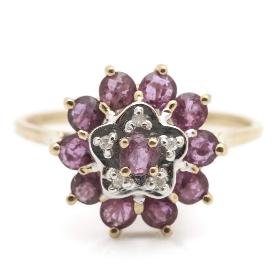 14K Yellow Gold Ruby and Diamond Floral Ring