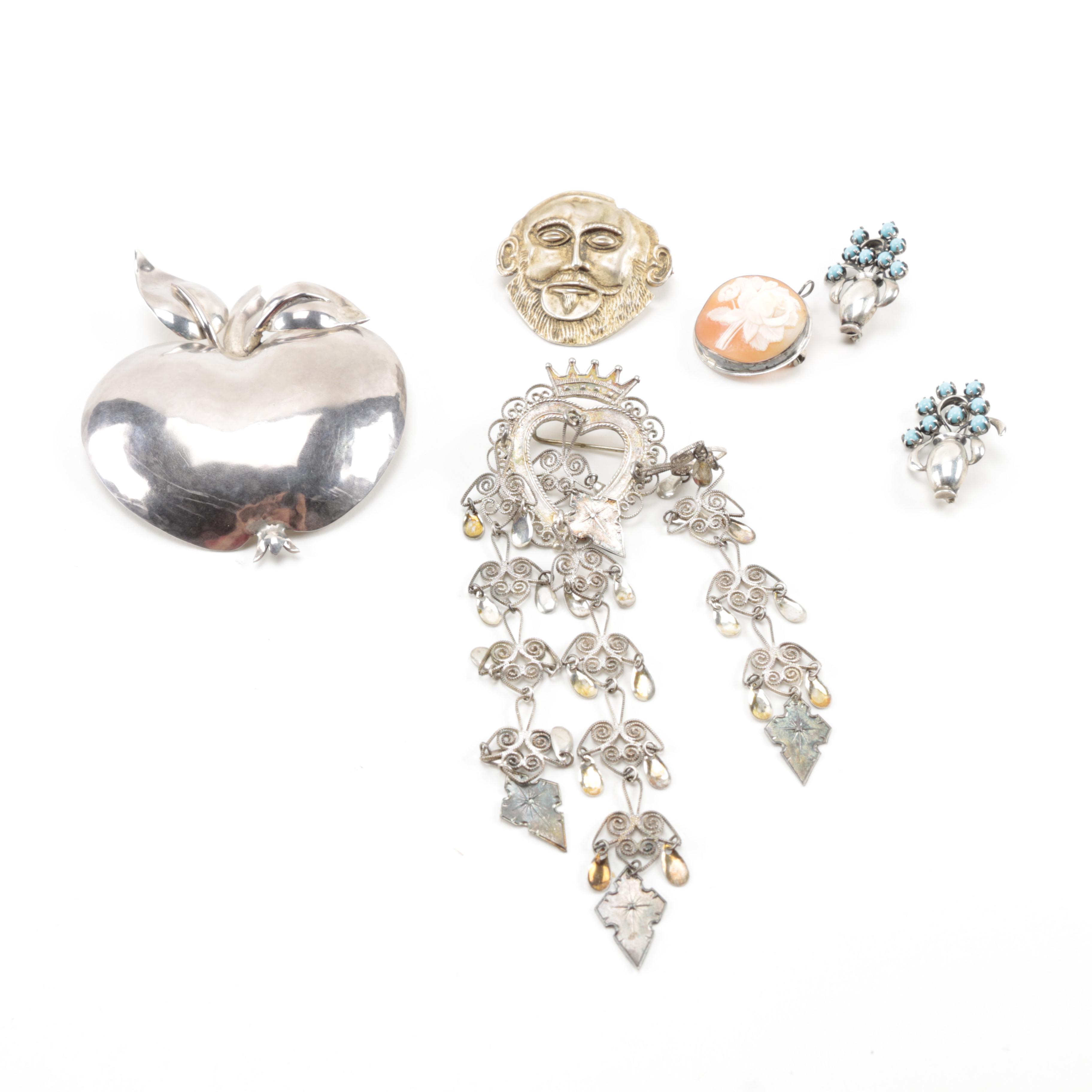 Assorted Coin Silver, 830 Silver and 800 Silver Jewelry Including Norwegian Wedding Jewelry