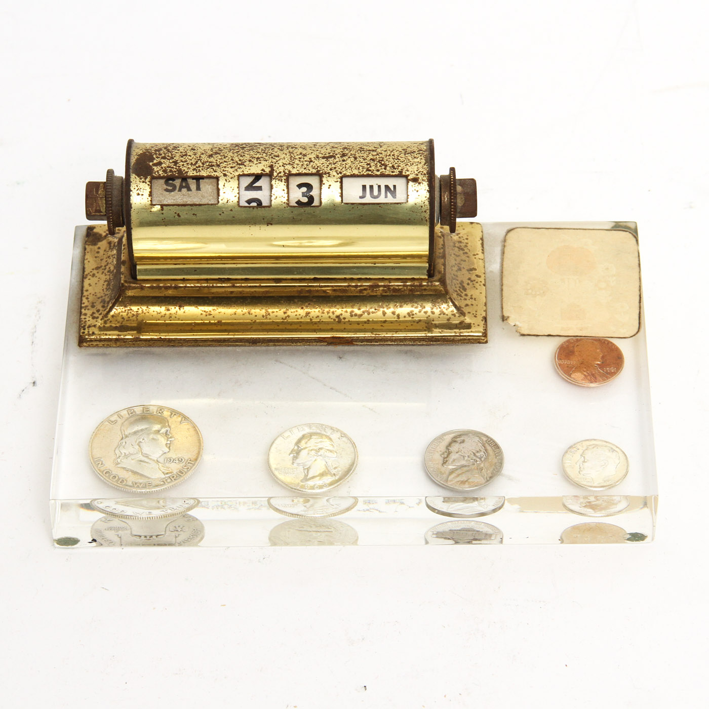Mid-Century Desk Calendar on Lucite Plinth with Coins