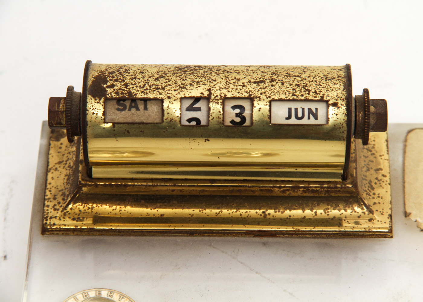 Mid-Century Desk Calendar on Lucite Plinth with Coins