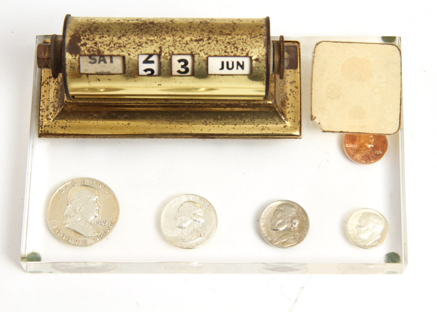 Mid-Century Desk Calendar on Lucite Plinth with Coins