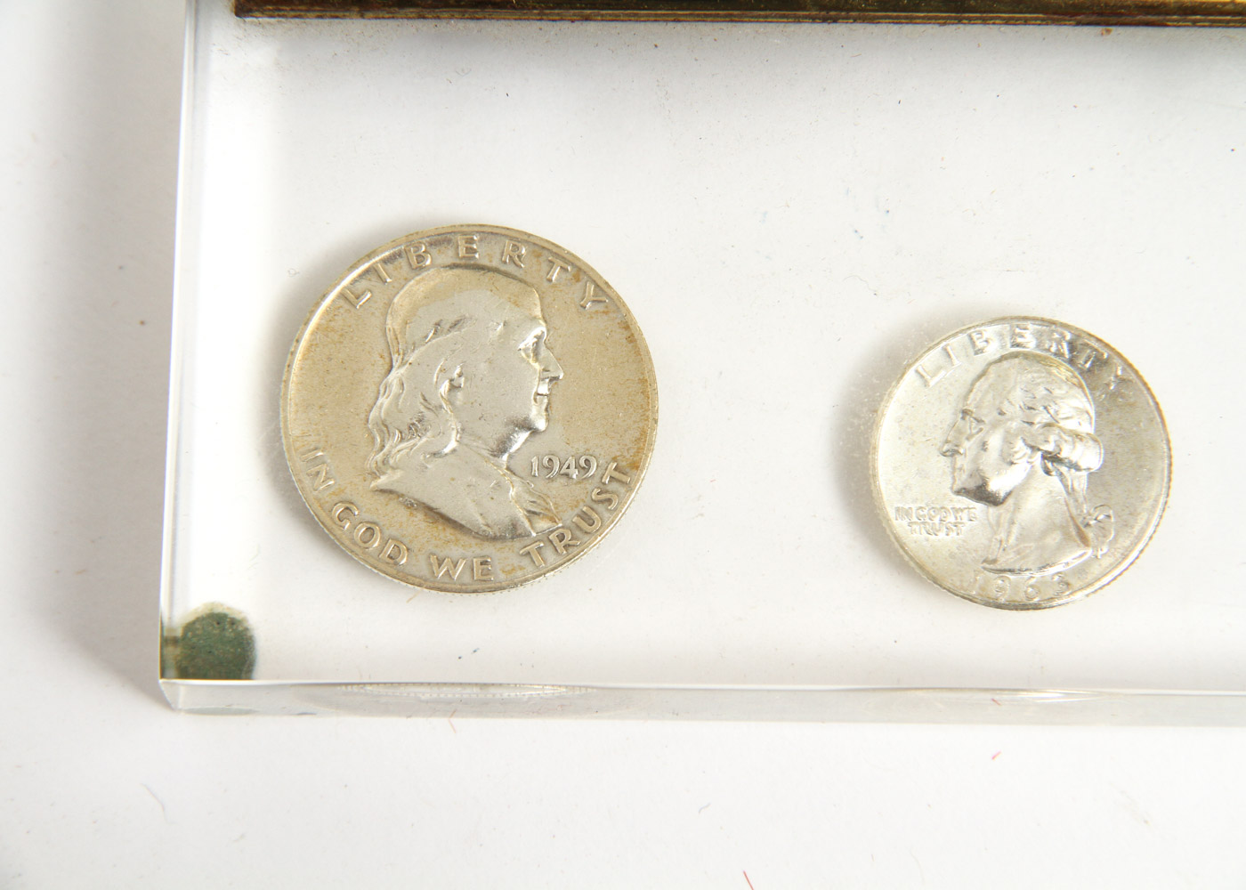 Mid-Century Desk Calendar on Lucite Plinth with Coins